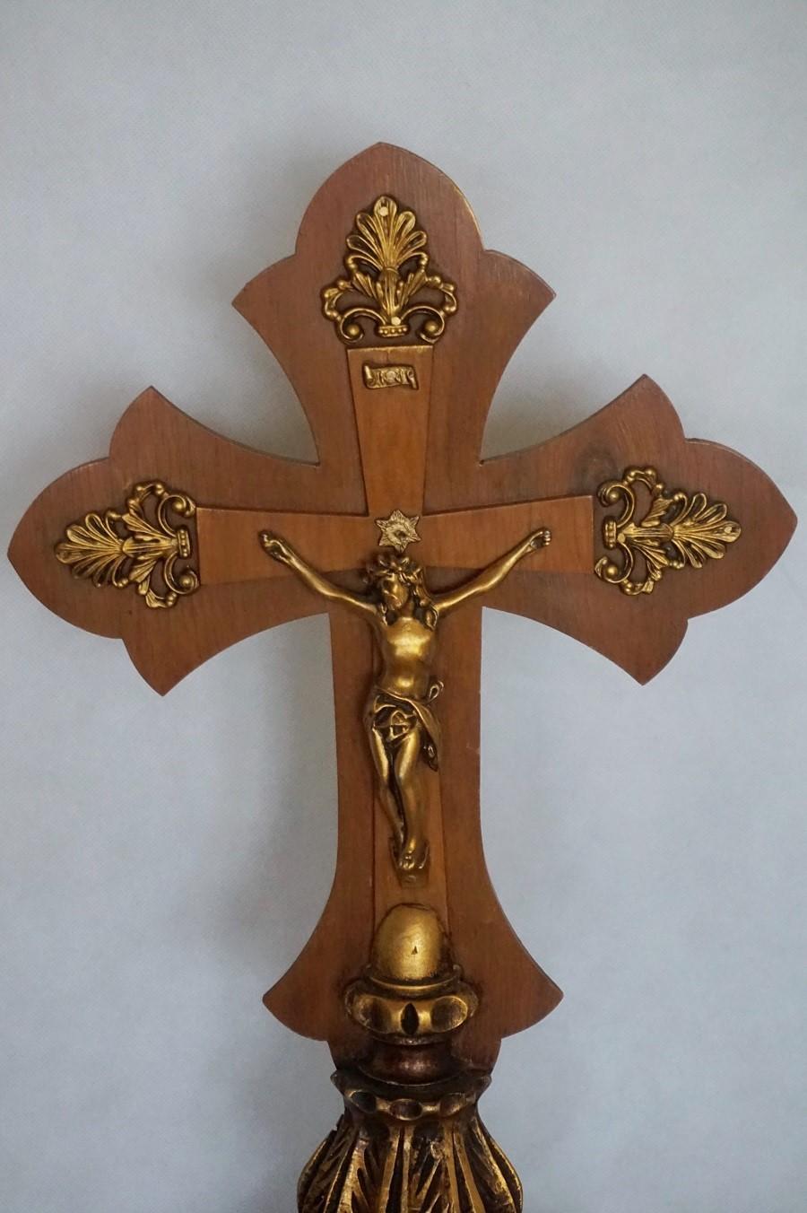Gothic Revival Vintage Portuguese Handcrafted Wooden Stand Cross with Gilt Bronze Christ For Sale