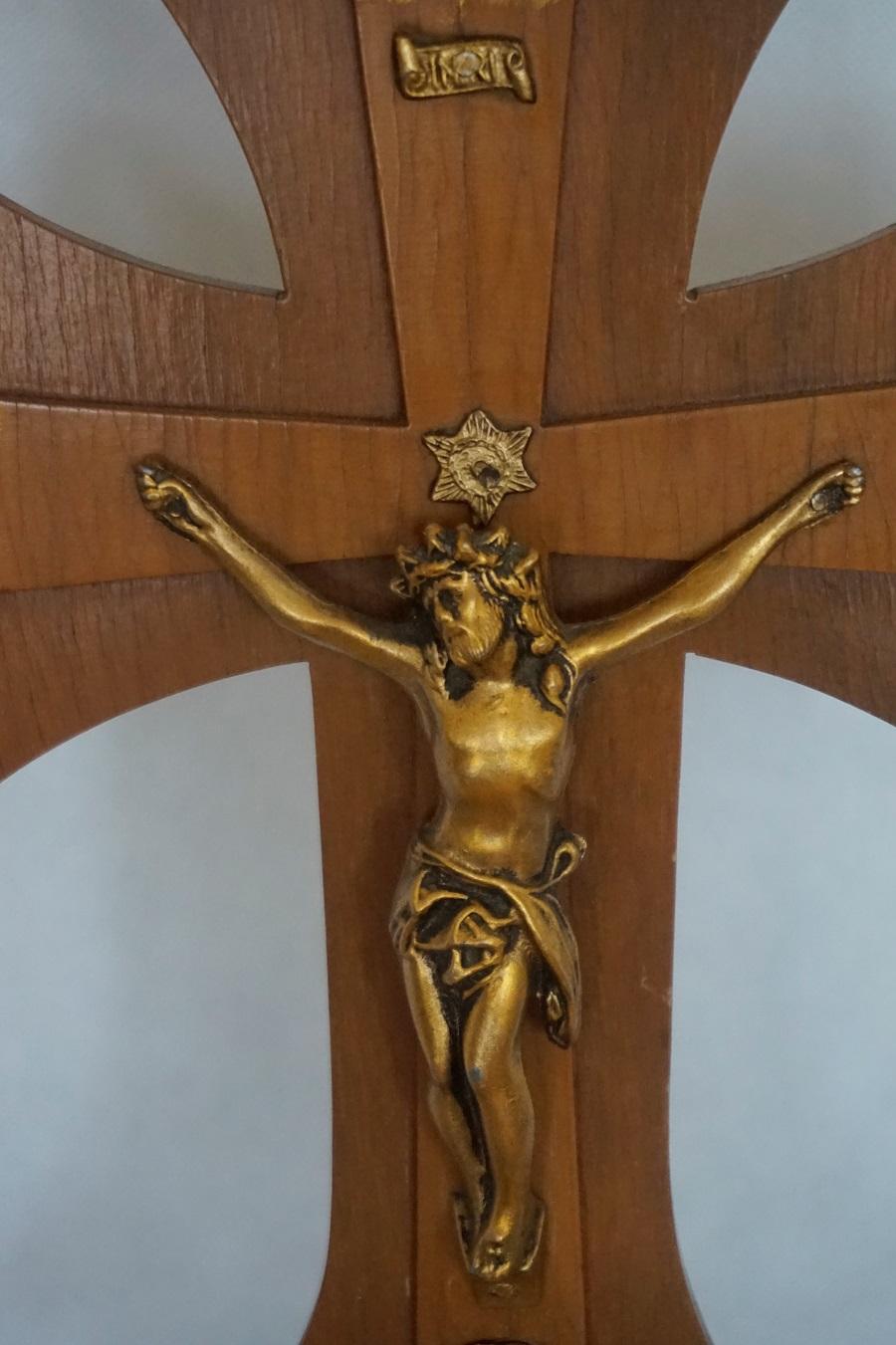Italian Vintage Portuguese Handcrafted Wooden Stand Cross with Gilt Bronze Christ For Sale