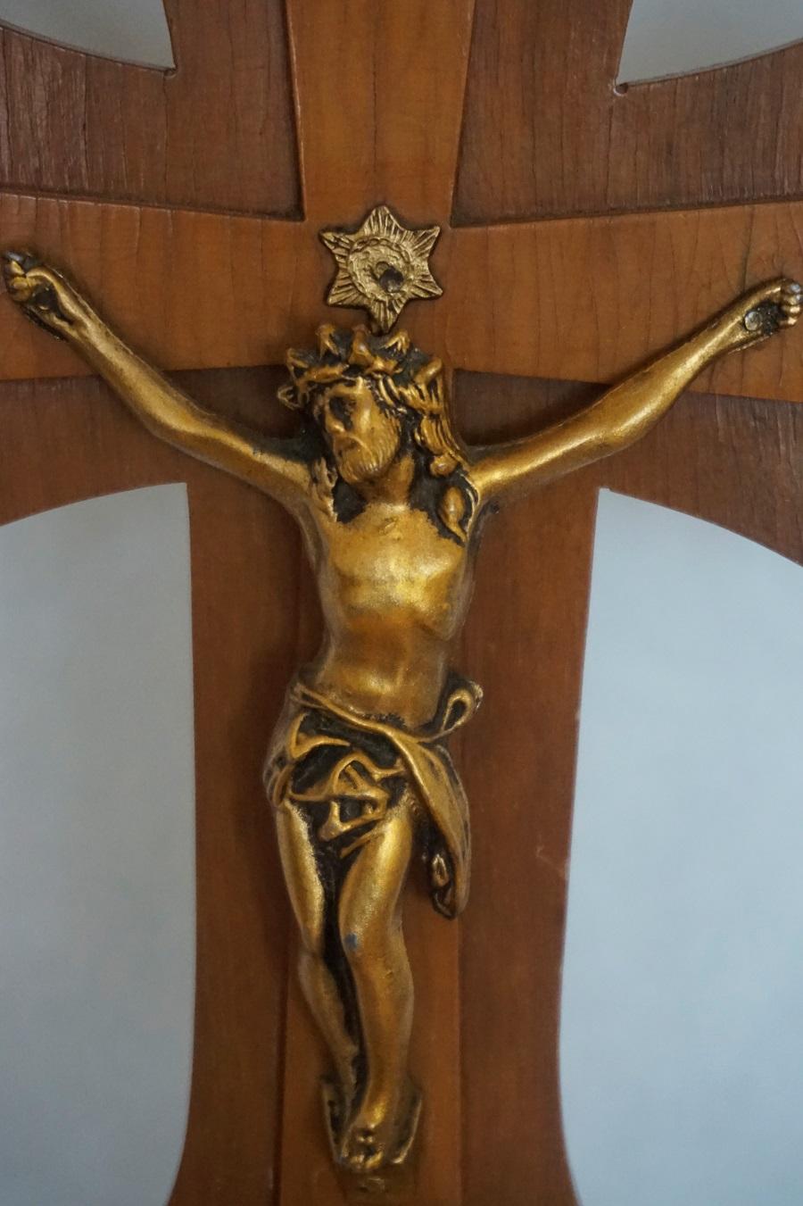 Hand-Crafted Vintage Portuguese Handcrafted Wooden Stand Cross with Gilt Bronze Christ For Sale