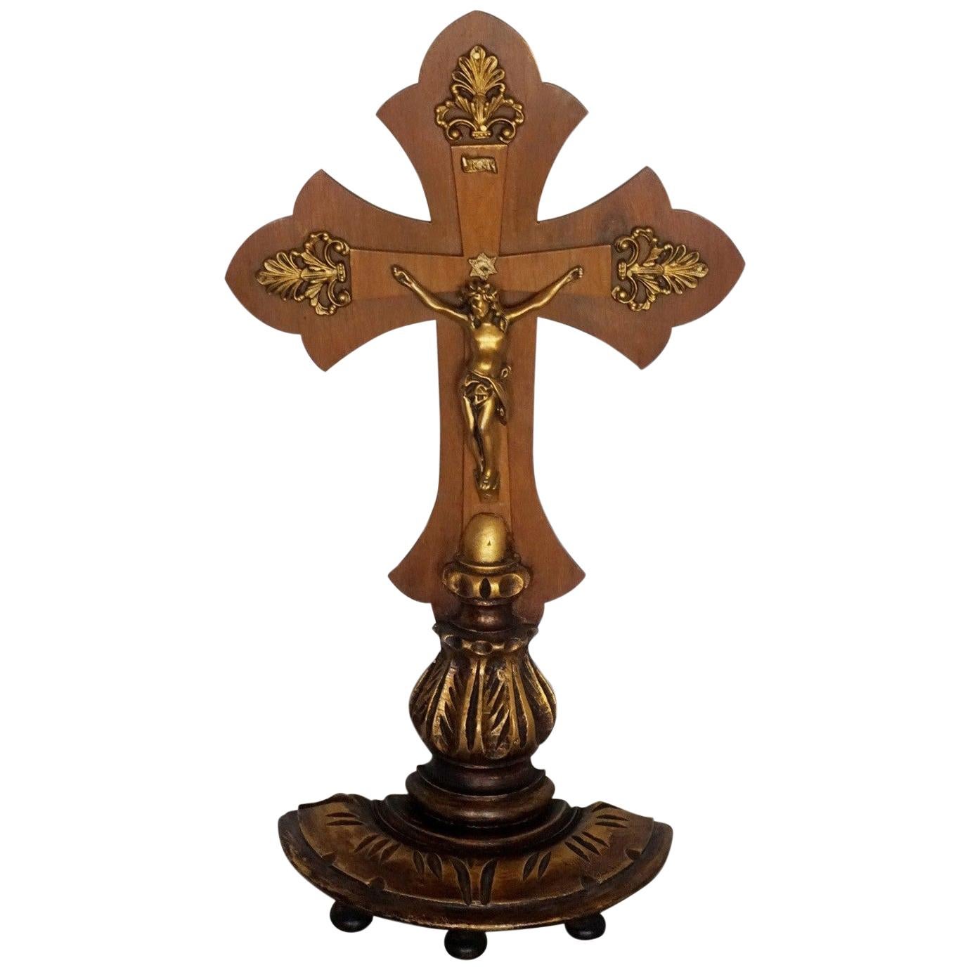 Vintage Portuguese Handcrafted Wooden Stand Cross with Gilt Bronze Christ For Sale