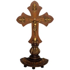 Antique Portuguese Handcrafted Wooden Stand Cross with Gilt Bronze Christ