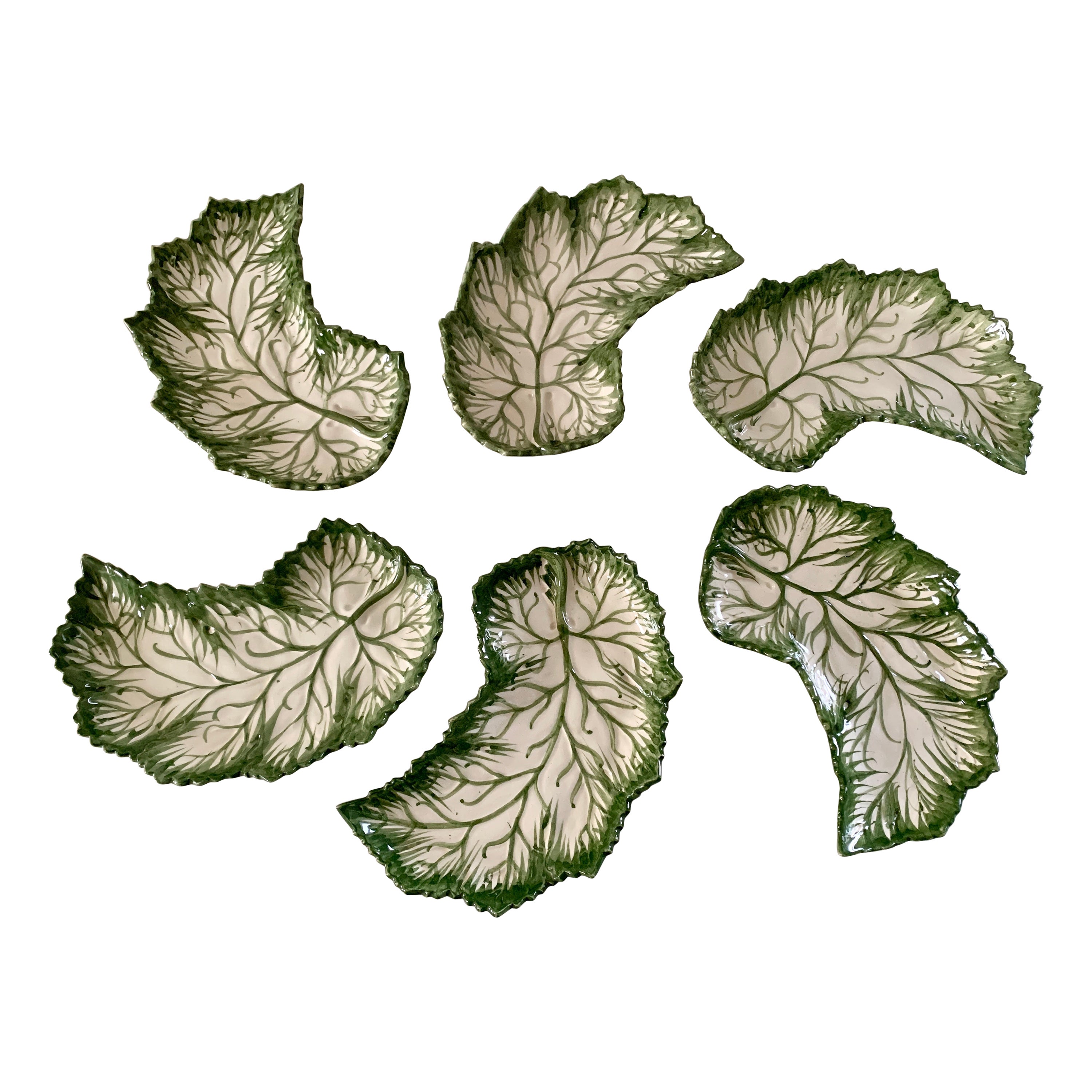 Vintage Portuguese Majolica Cabbage Plates, Set of Six