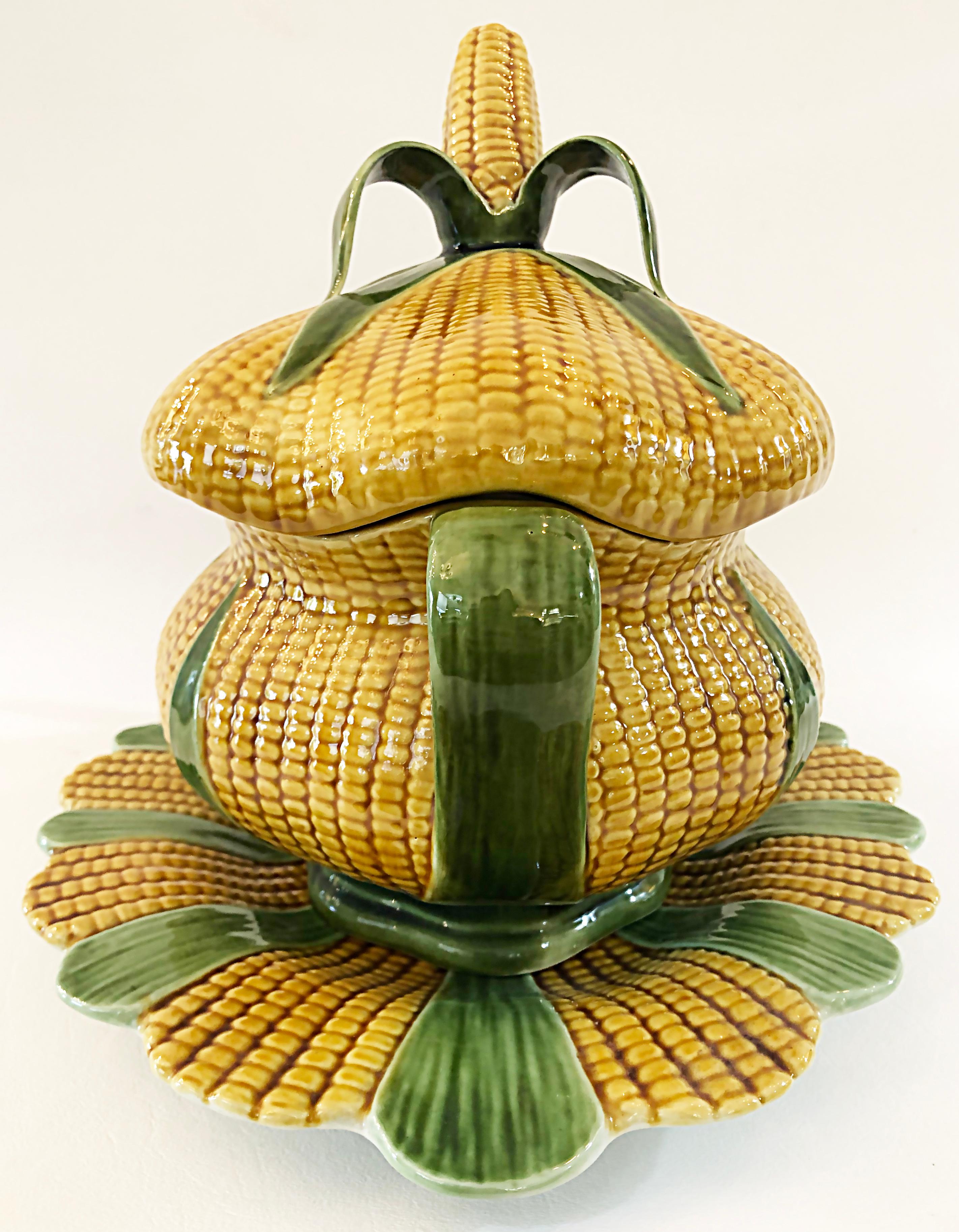 20th Century Vintage Portuguese Majolica Covered Tureen and Platter
