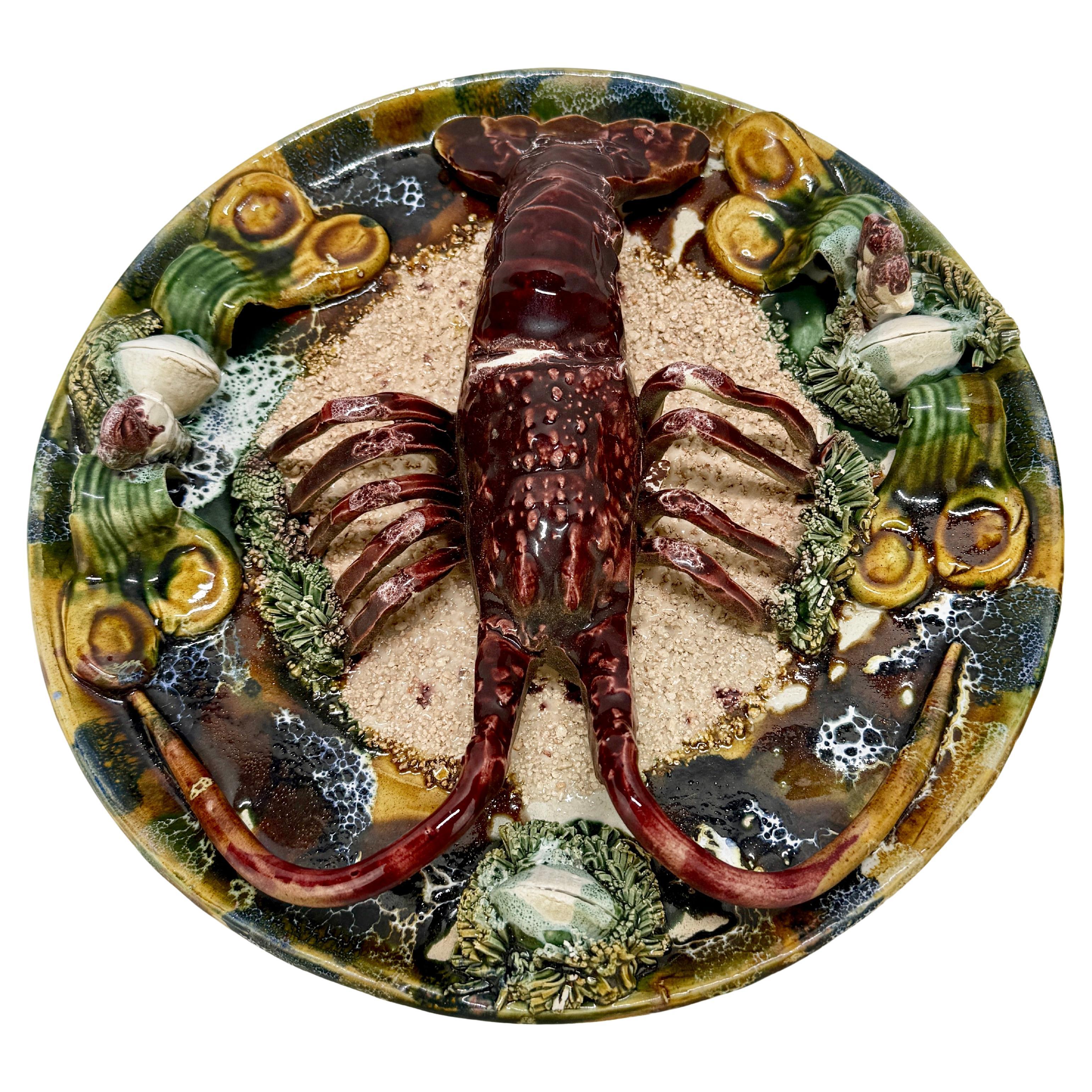 Vintage Portuguese Palissy Majolica Lobster & Sea Themed Ceramic Plate en vente