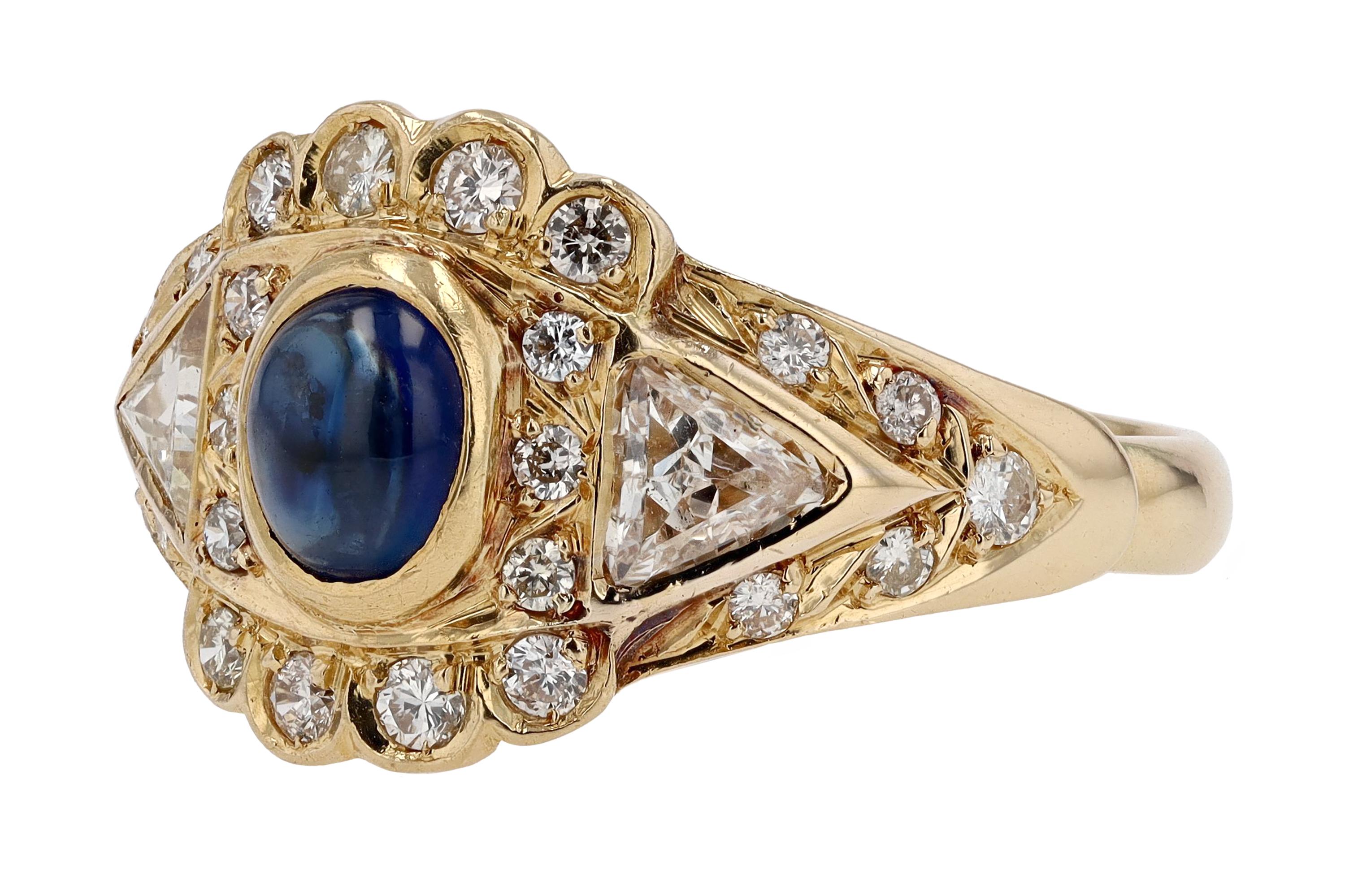 Cabochon Vintage Portuguese Sapphire Diamond Engagement Ring