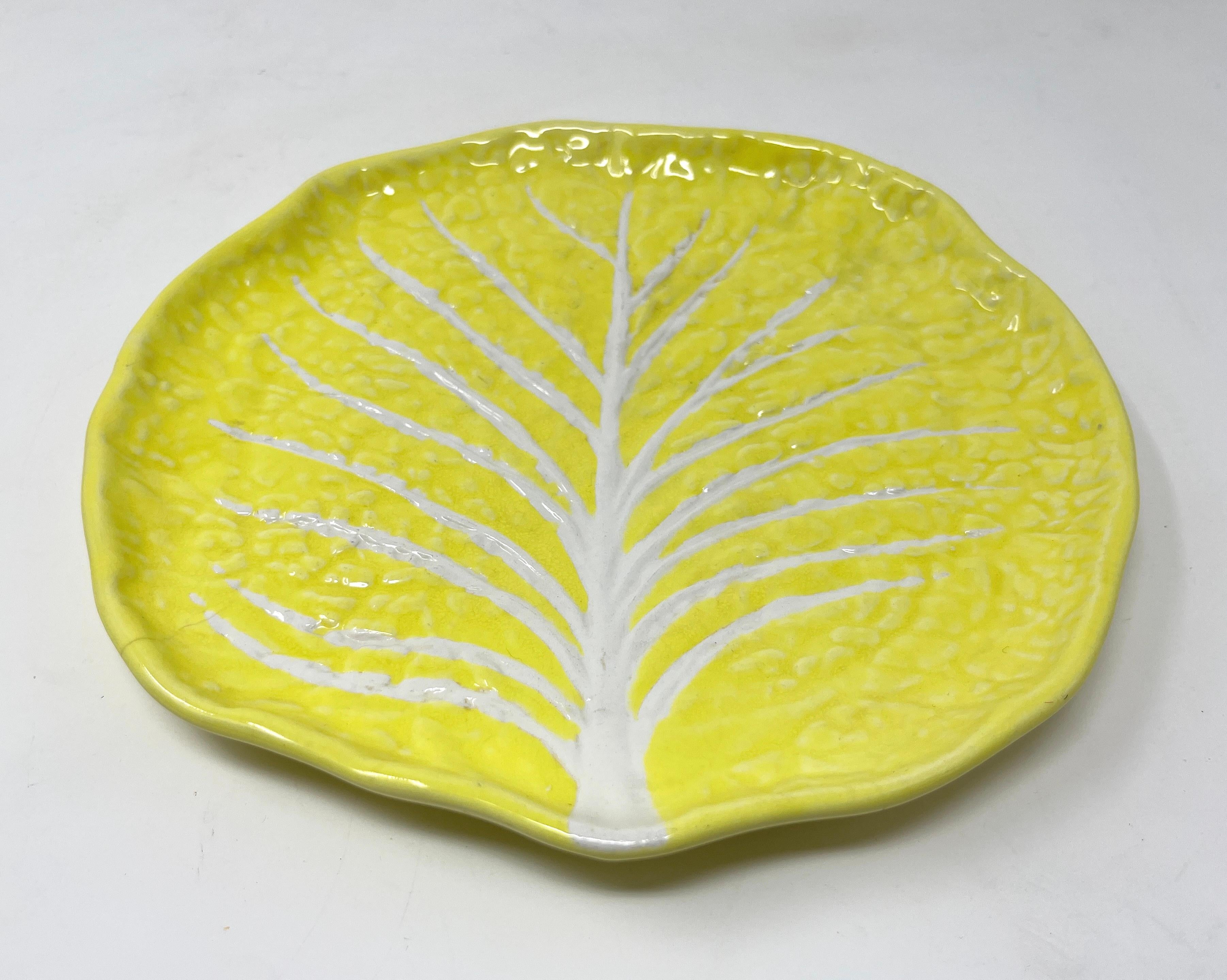 Ceramic Vintage Portuguese Secla Majolica Lettuce Leaf Lunch Plates, Pair, Lemon Yellow For Sale