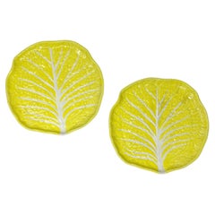 Vintage Portuguese Secla Majolica Lettuce Leaf Lunch Plates, Pair, Lemon Yellow