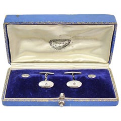 Vintage Portuguese White Gold Men Set, Cufflinks and Buttonhole Jewel