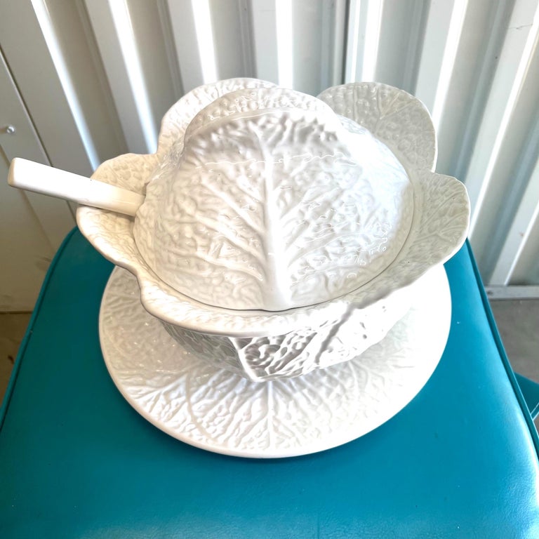 Vintage Portuguese White Majolica Cabbage Tureen with Ladle and