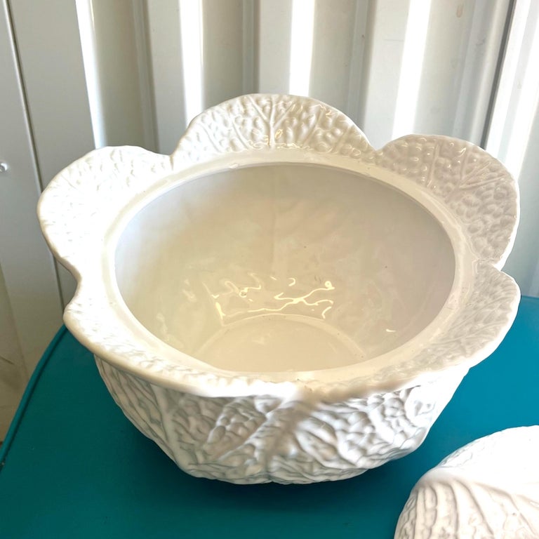 Vintage Portuguese White Majolica Cabbage Tureen with Ladle and