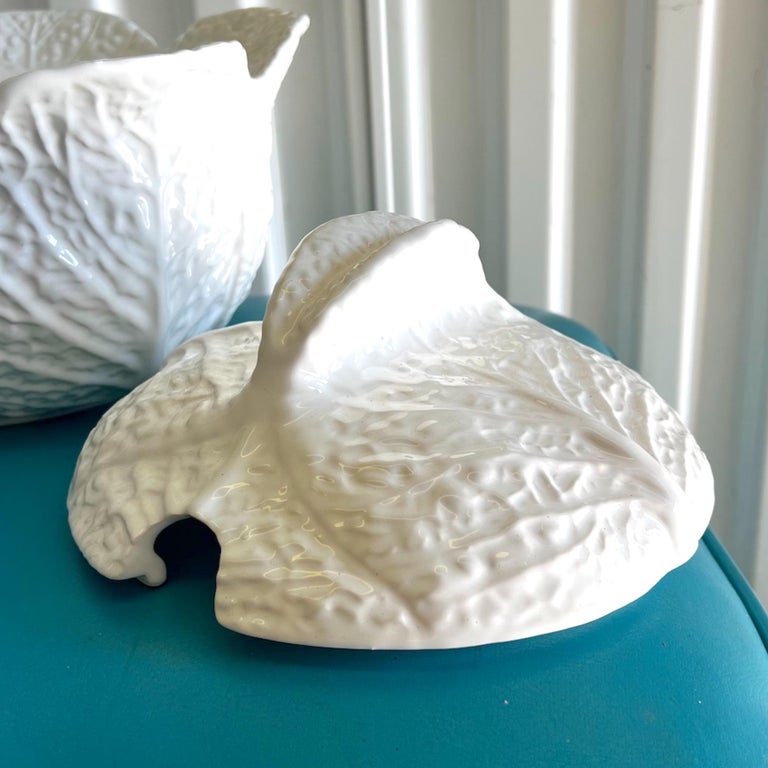 Vintage Portuguese White Majolica Cabbage Tureen with Ladle and
