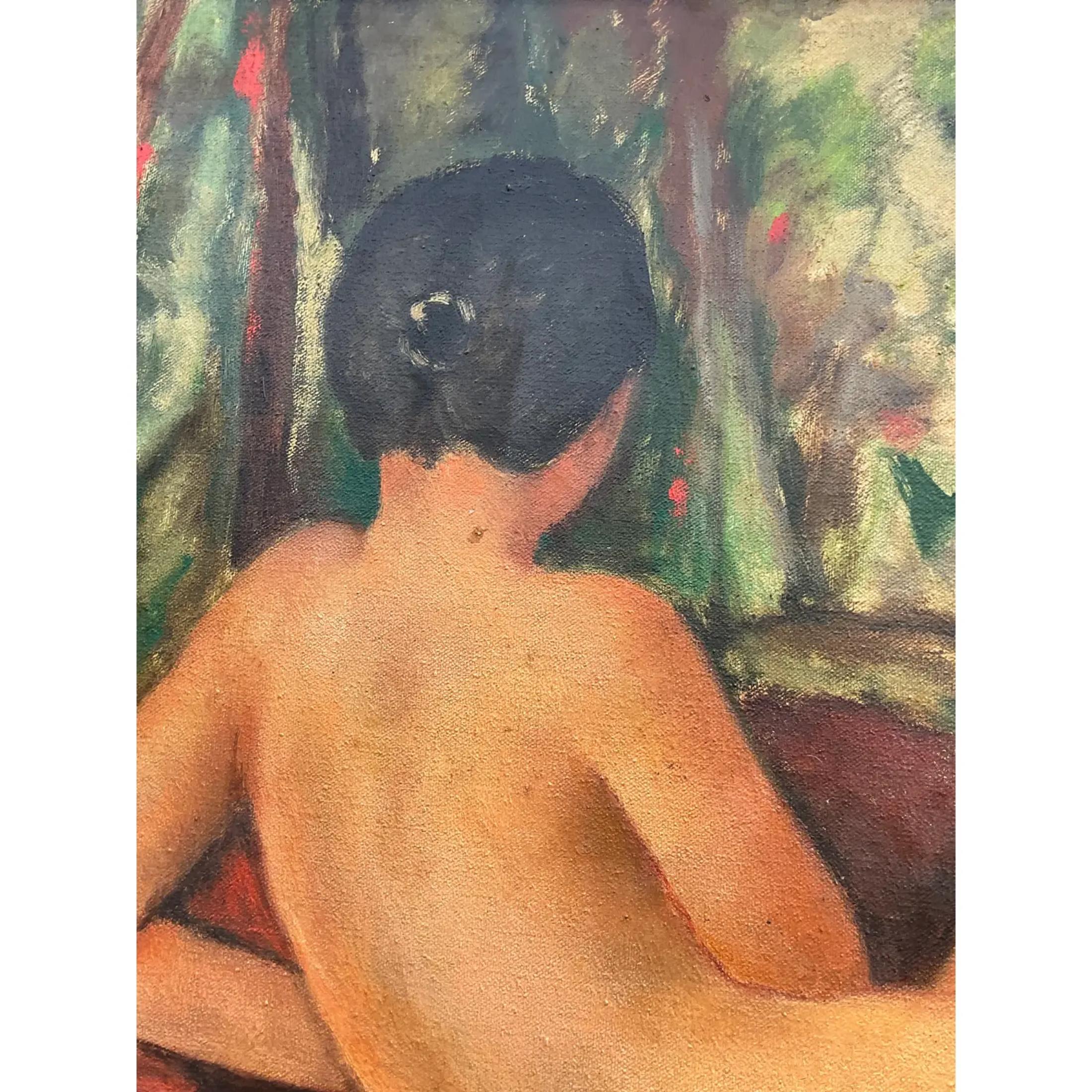 A striking vintage original oil painting on canvas. A gorgeous female nude in a quiet reclining pose. Deep rich colors dominate this composition. Signed by the artist. Acquired from a Palm Beach estate