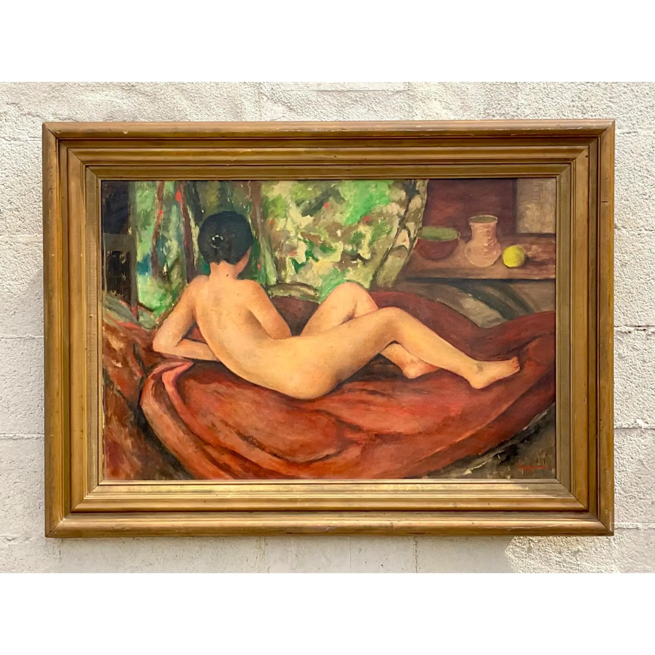 Bohemian Vintage Post-Impressionist Signed Original Oil Painting of Reclining Female Nude For Sale
