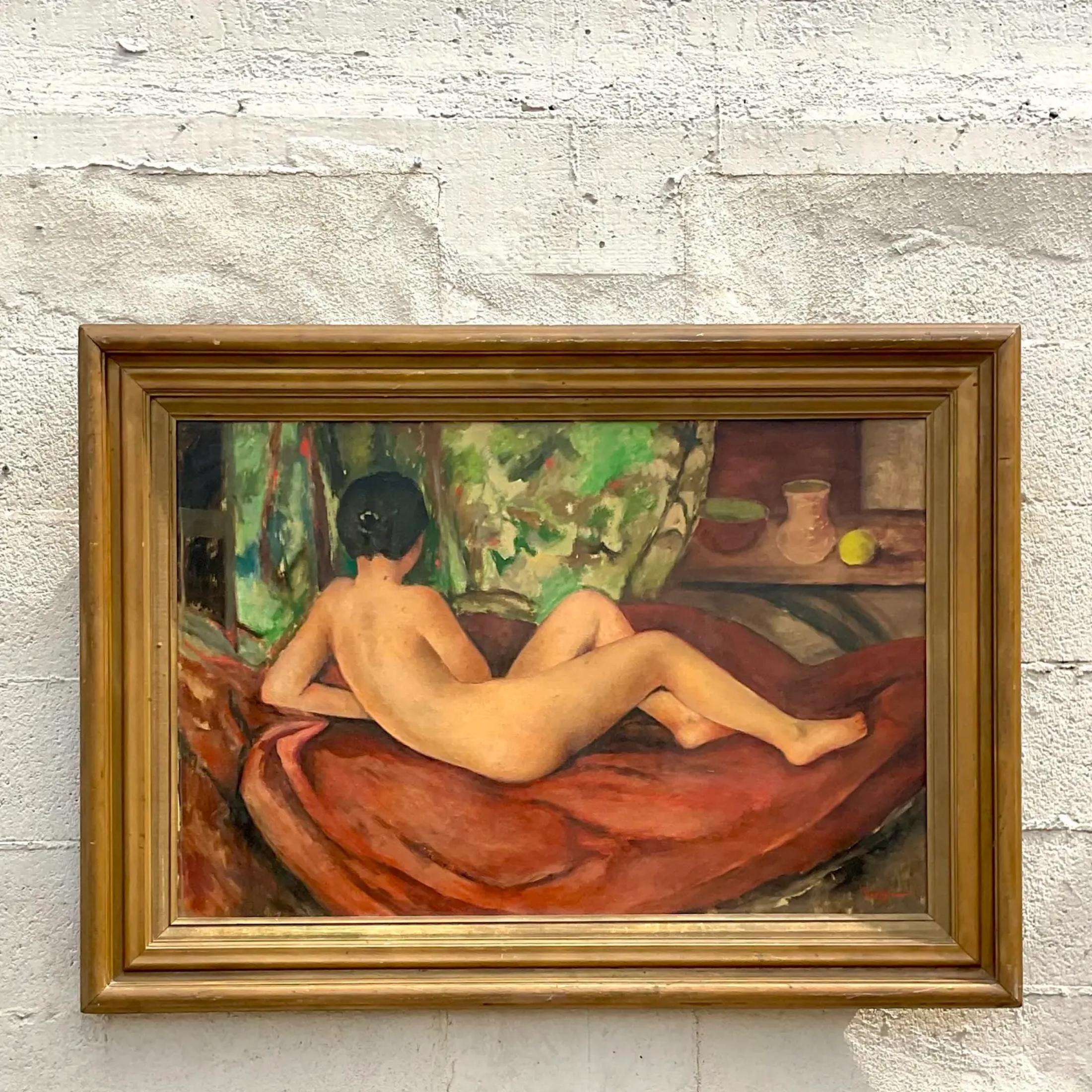 American Vintage Post-Impressionist Signed Original Oil Painting of Reclining Female Nude For Sale