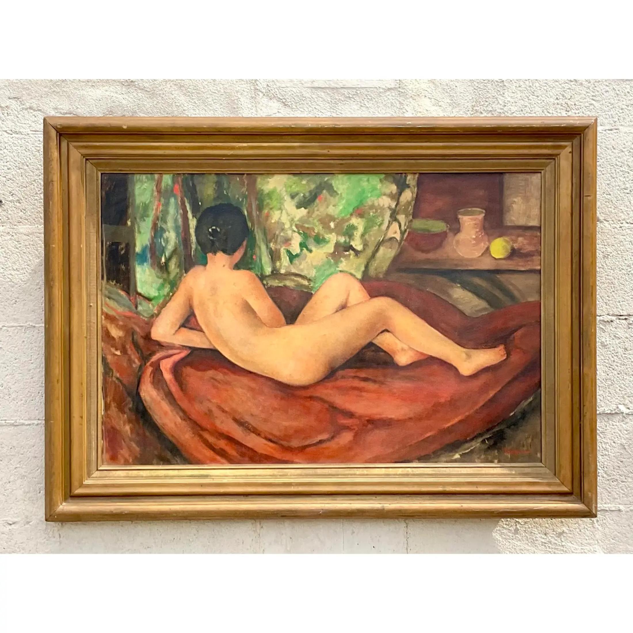 Vintage Post-Impressionist Signed Original Oil Painting of Reclining Female Nude In Good Condition For Sale In west palm beach, FL