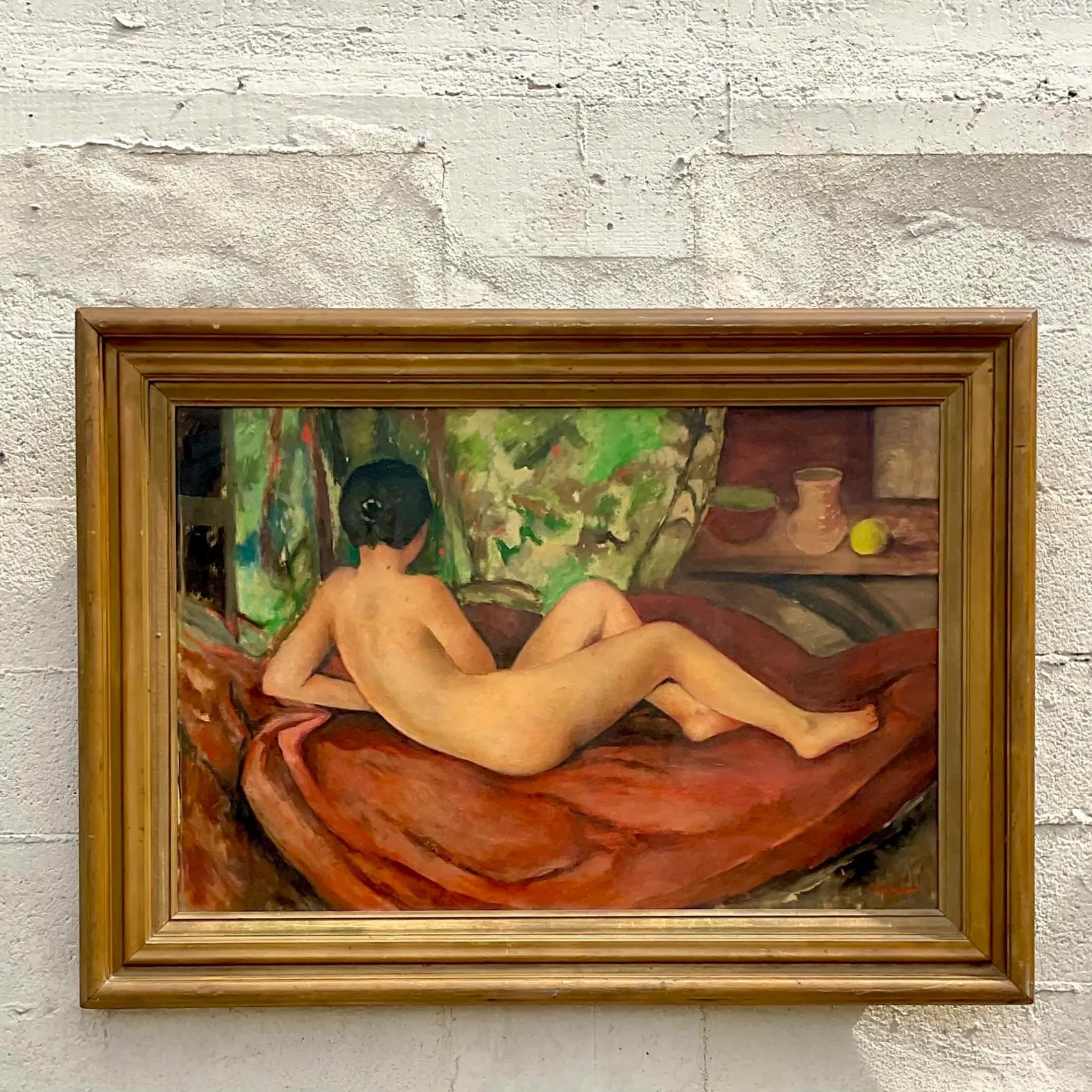 Berlin Iron Vintage Post-Impressionist Signed Original Oil Painting of Reclining Female Nude For Sale