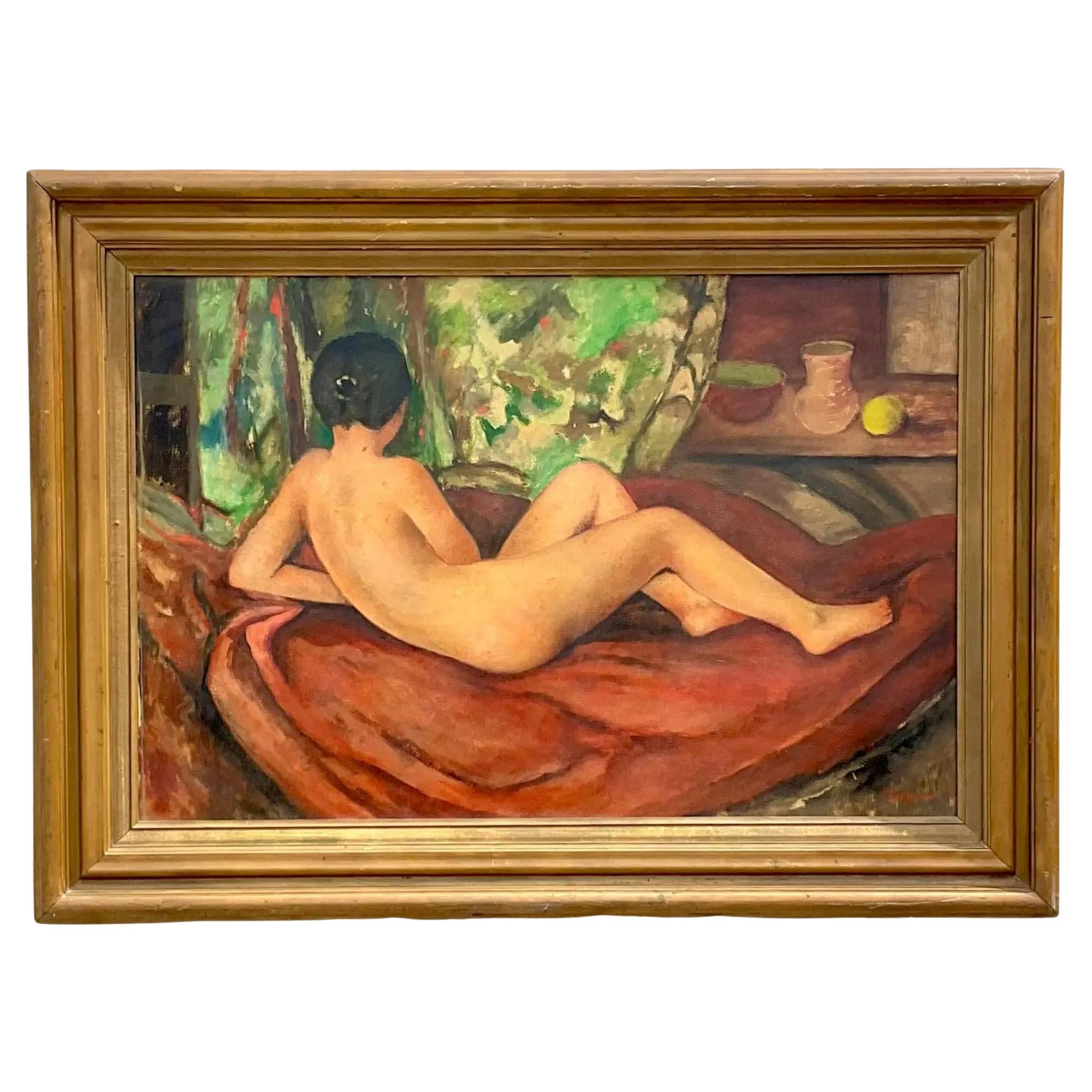 Peinture à l'huile originale vintage post-impressionniste signée d'un nu féminin couché