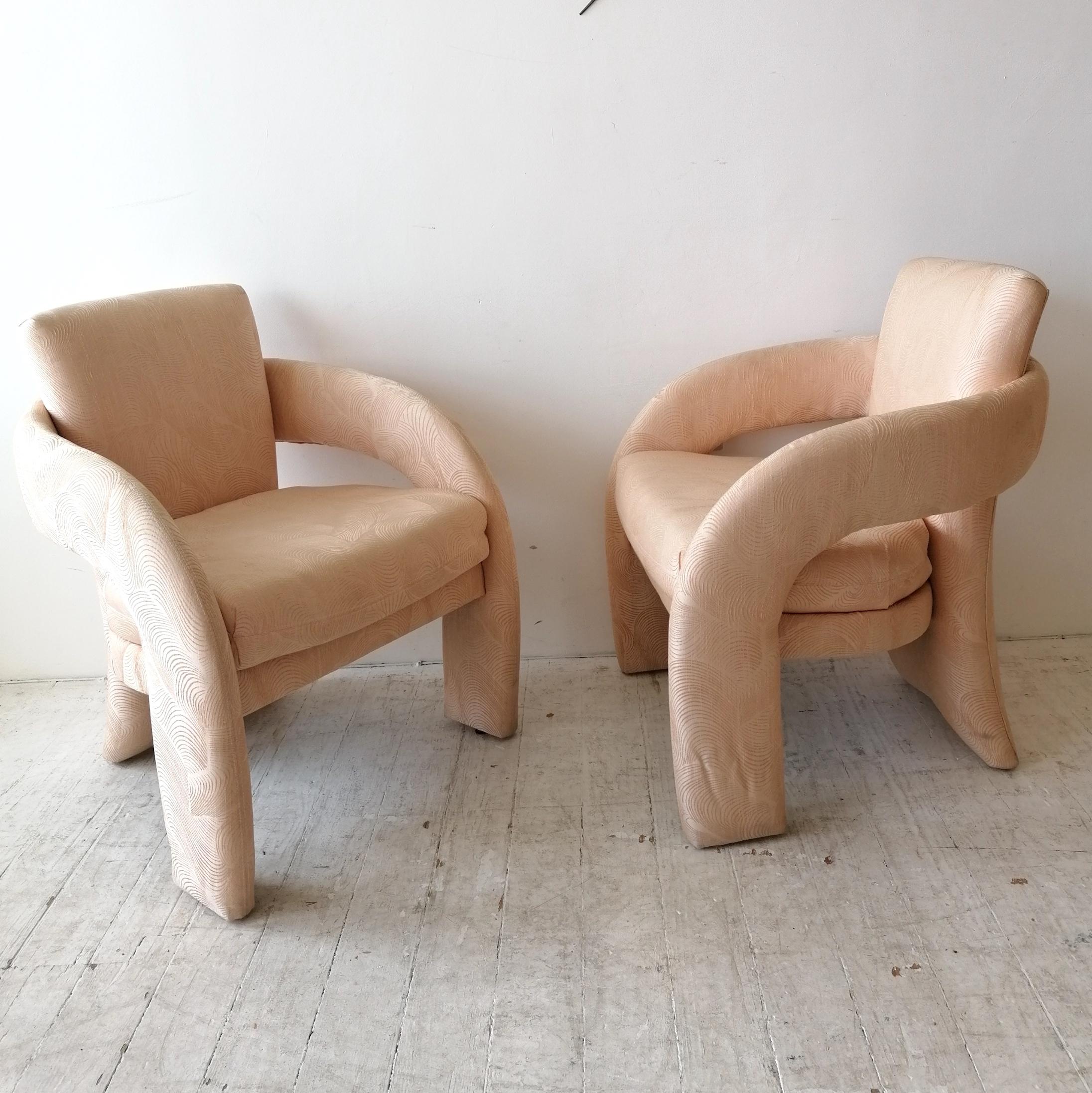 Fabric Vintage Post Modern 1980s American Peach Pink Lounge Chairs by Carson Furniture