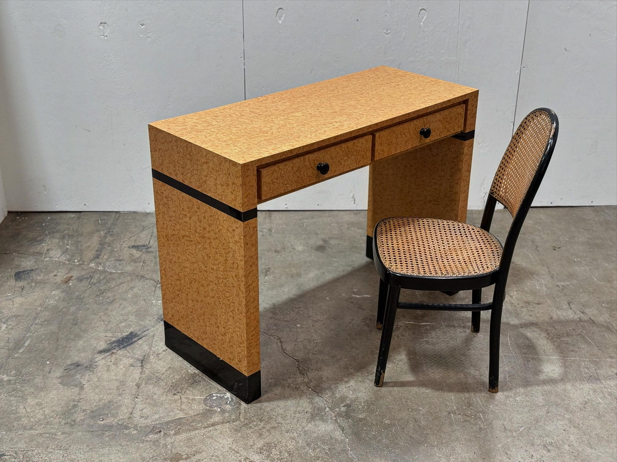 Vintage post modern/art deco style entry way desk or console table. Versatile piece in form and function.
Faux burl and glossy black laminate. 
Excellent condition with no flaws of note. Clean and ready to use.


**please ask about reduced rate