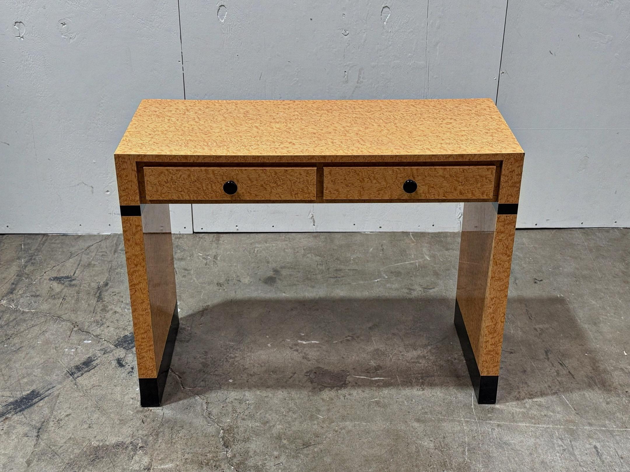 North American Vintage Post Modern Art Deco Style Console Desk - Burl Laminate Entry Table