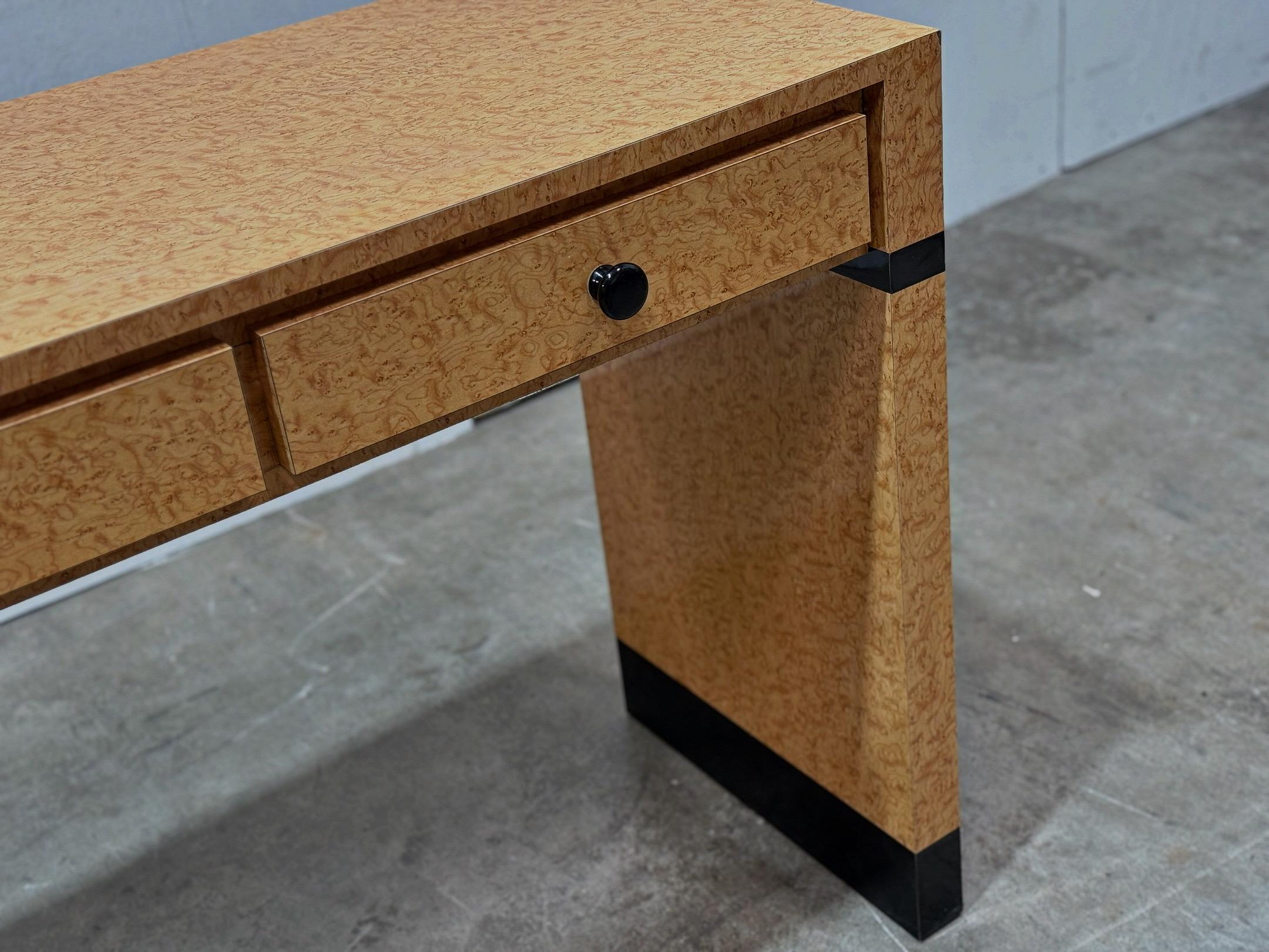Vintage Post Modern Art Deco Style Console Desk - Burl Laminate Entry Table In Good Condition In Decatur, GA