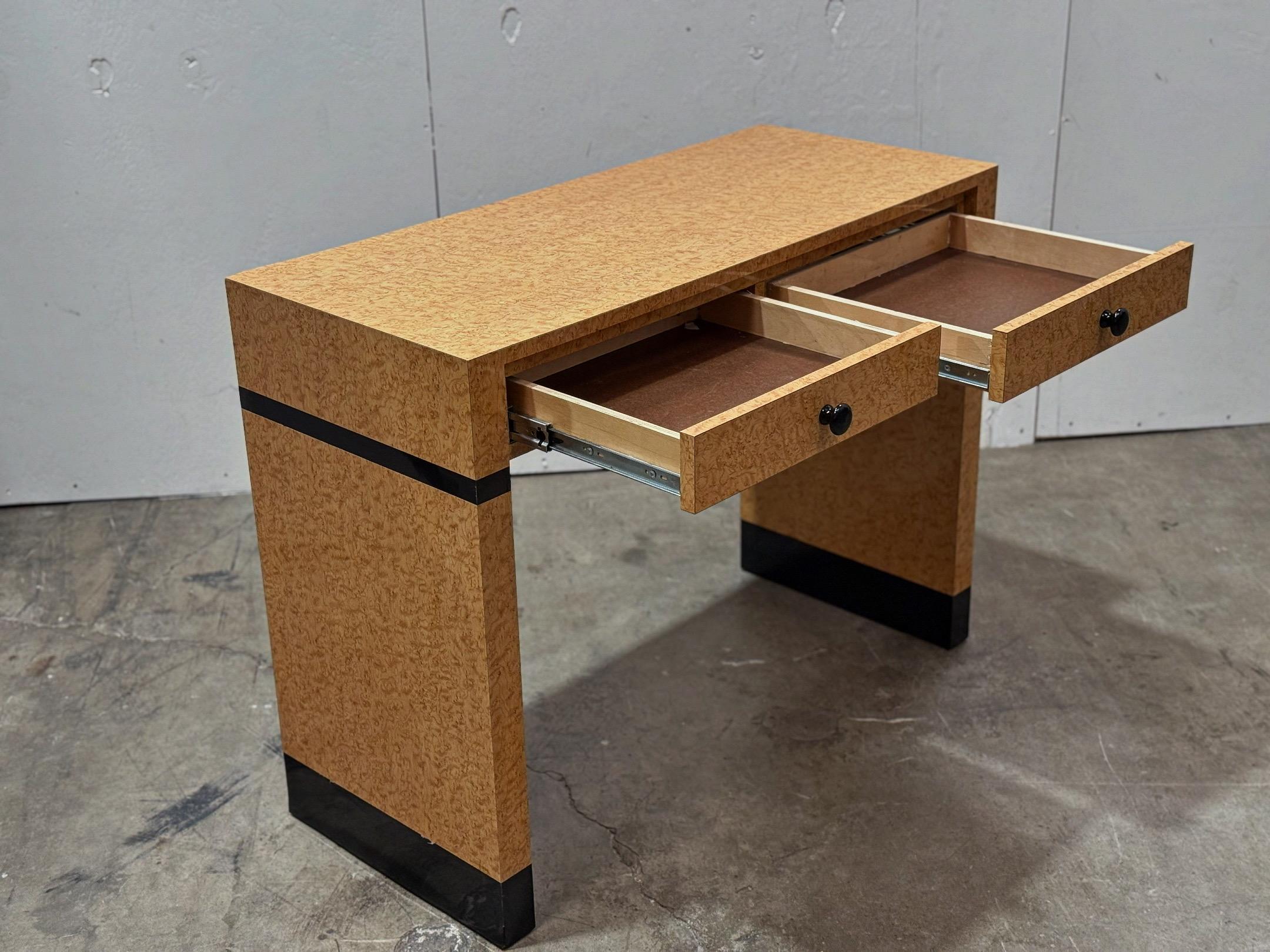 Late 20th Century Vintage Post Modern Art Deco Style Console Desk - Burl Laminate Entry Table
