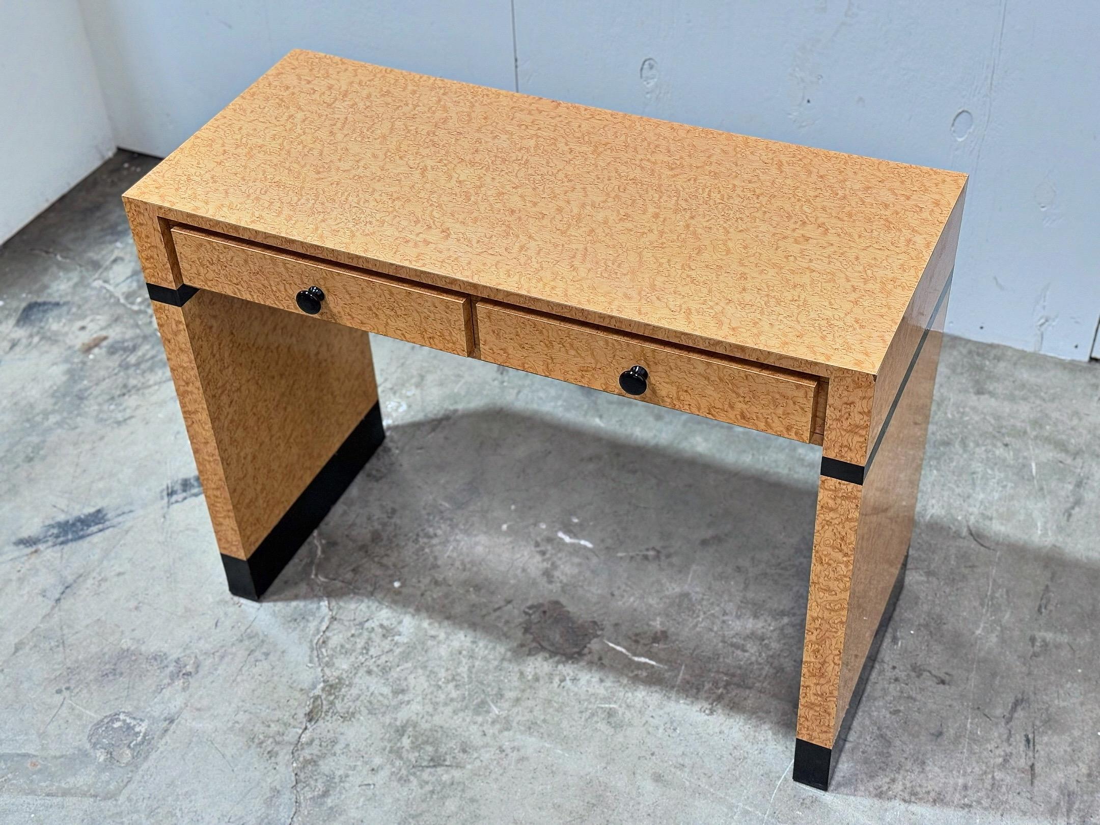 Vintage Post Modern Art Deco Style Console Desk - Burl Laminate Entry Table 1