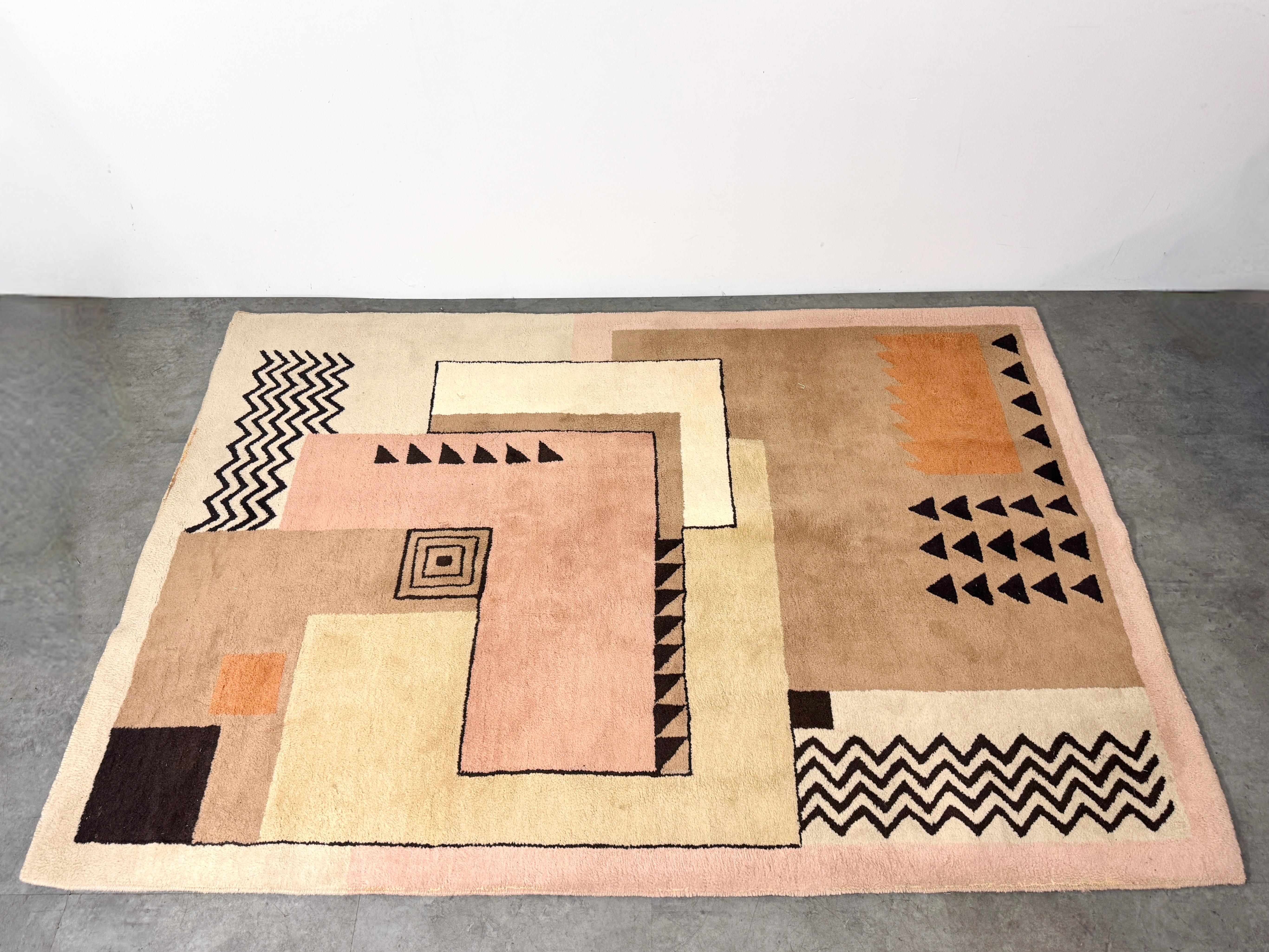 Post-Modern Vintage Post Modern Art Deco Style Geometric Rectangular Wool Rug Signed JJB 80s