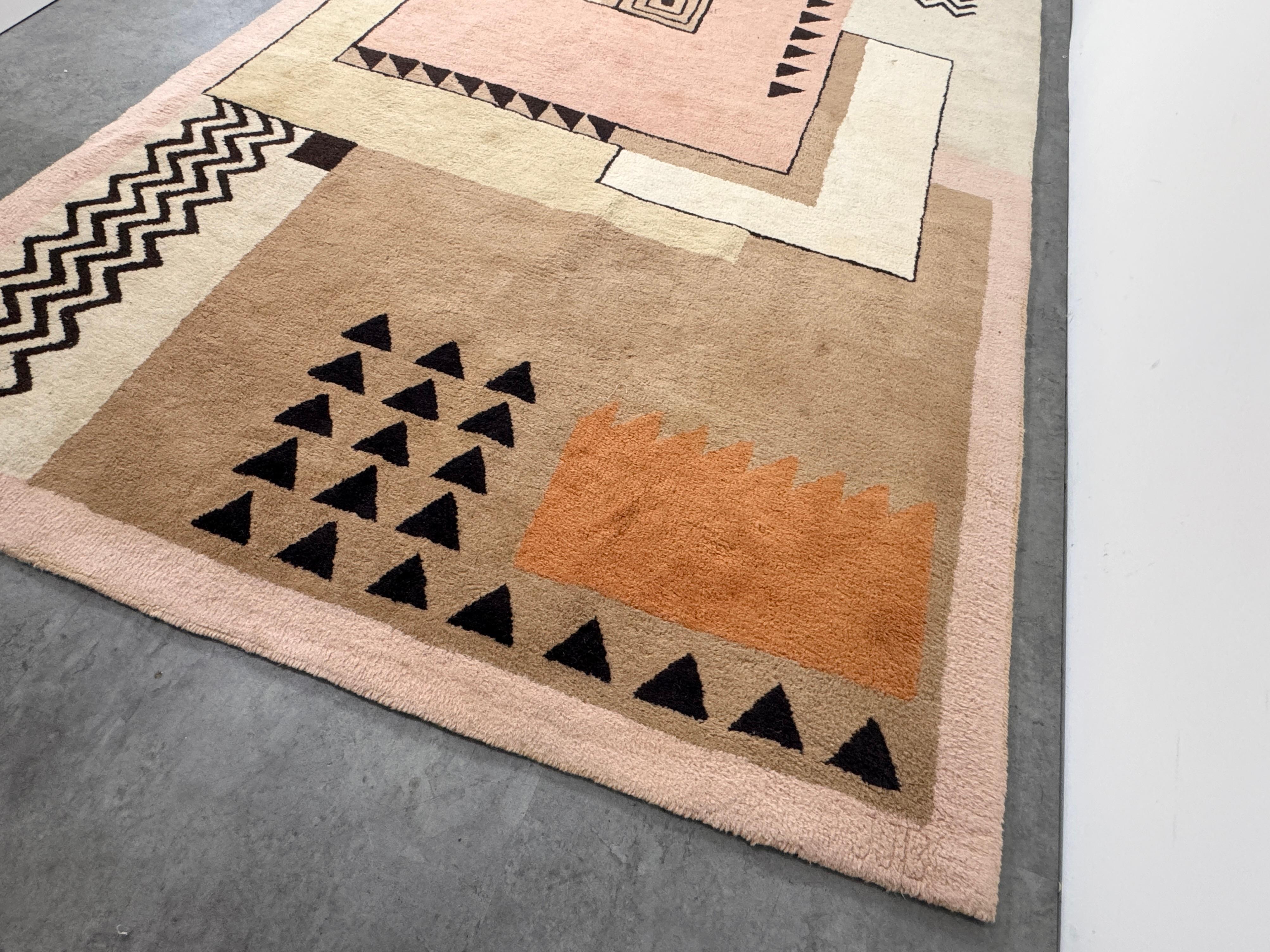 Late 20th Century Vintage Post Modern Art Deco Style Geometric Rectangular Wool Rug Signed JJB 80s