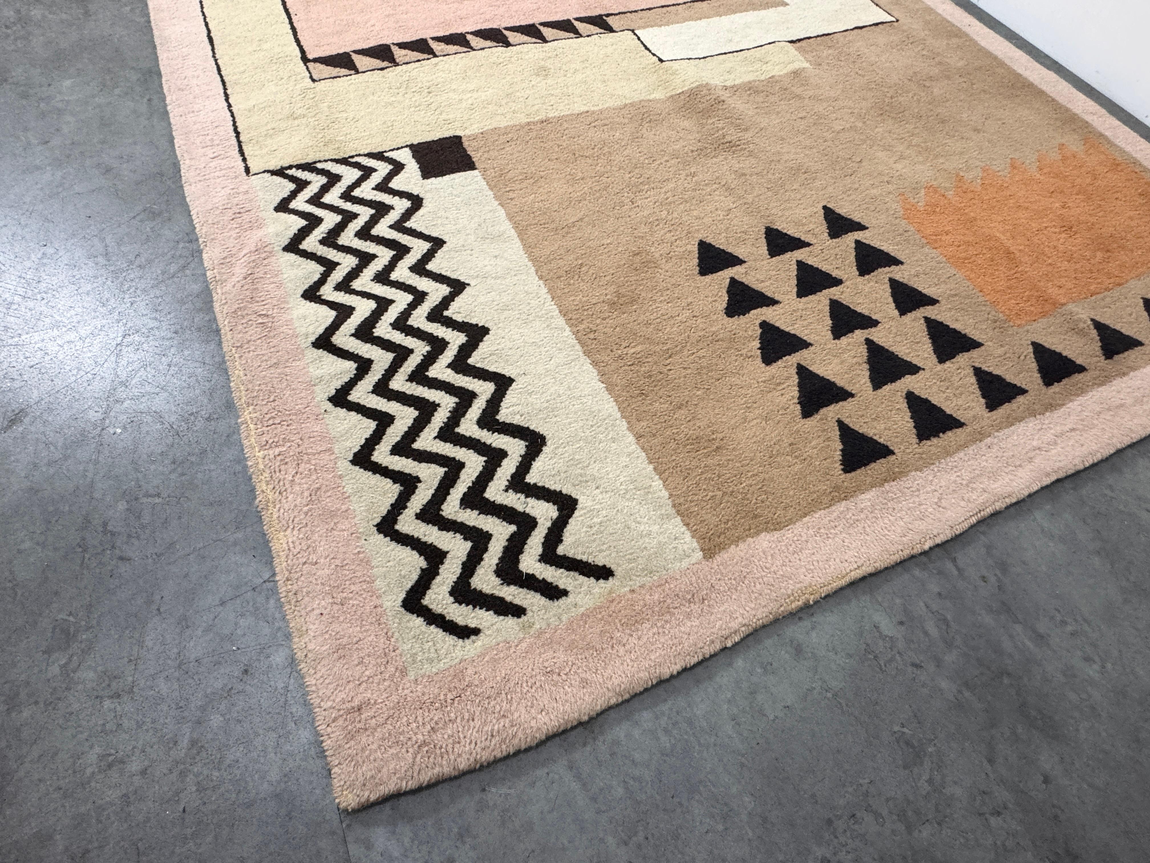 Vintage Post Modern Art Deco Style Geometric Rectangular Wool Rug Signed JJB 80s 1