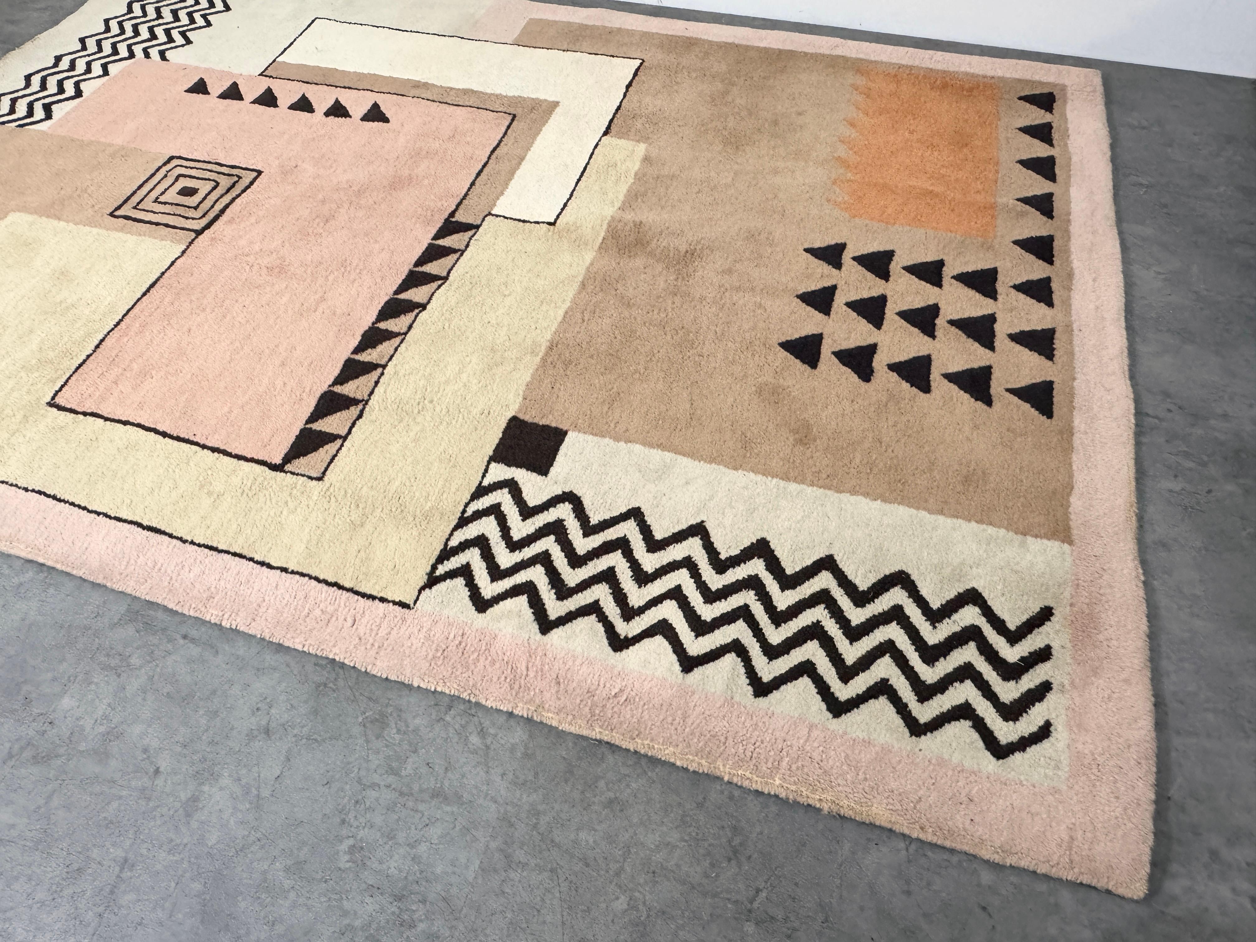 Vintage Post Modern Art Deco Style Geometric Rectangular Wool Rug Signed JJB 80s 2