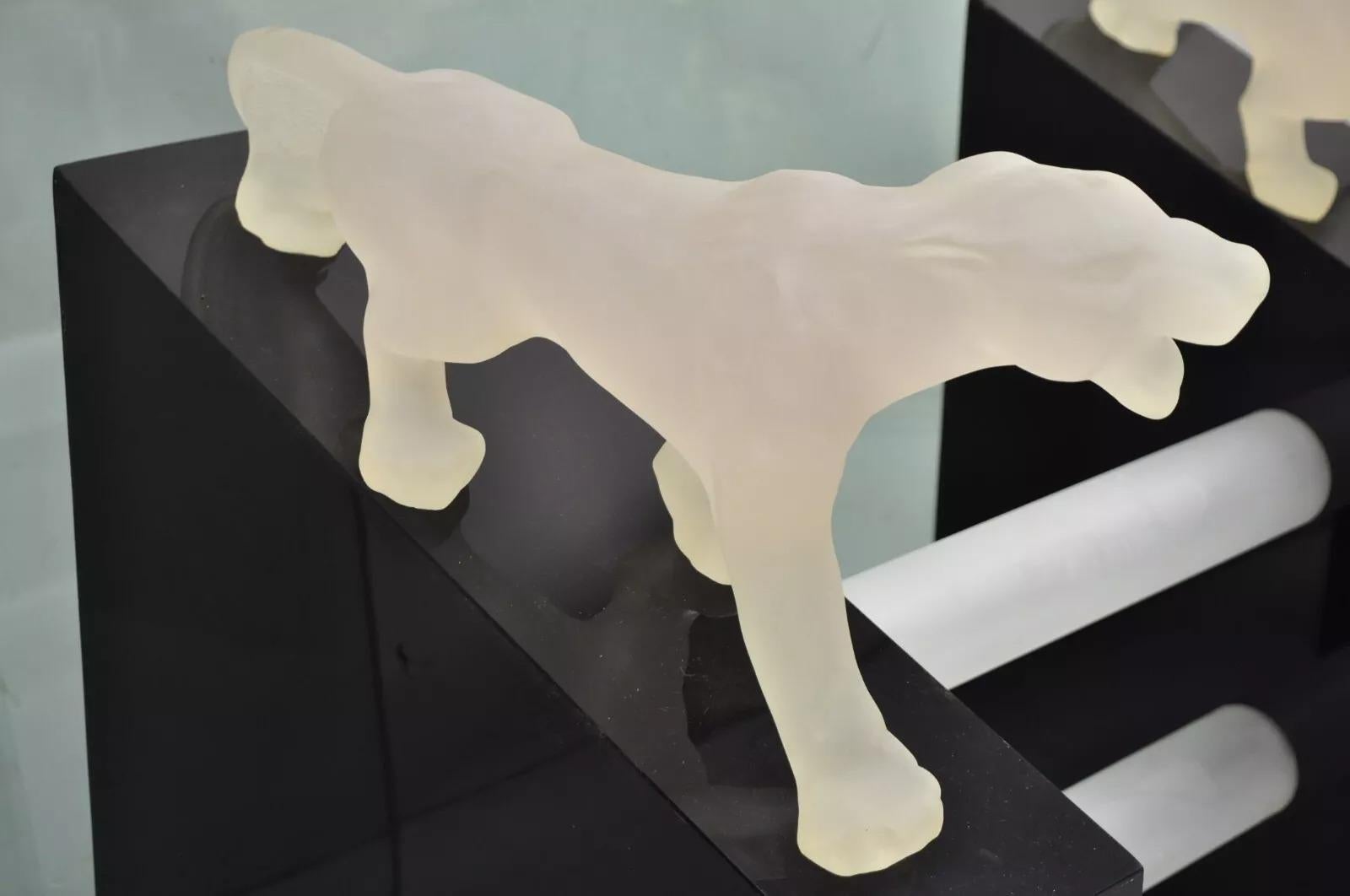 Vintage Post Modern Black Figural Acrylic Panther Base Glass Top Desk Table. Circa Late 20th Century. Measurements: 30