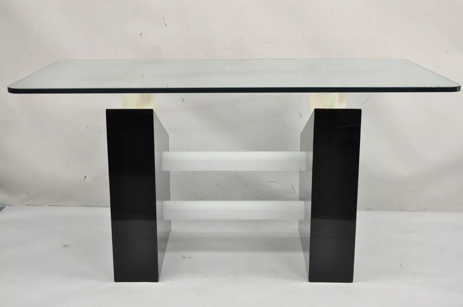 Vintage Post Modern Black Figural Acrylic Panther Base Glass Top Desk Table In Good Condition For Sale In Philadelphia, PA