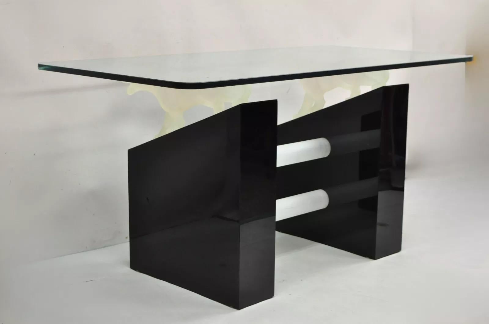 20th Century Vintage Post Modern Black Figural Acrylic Panther Base Glass Top Desk Table For Sale