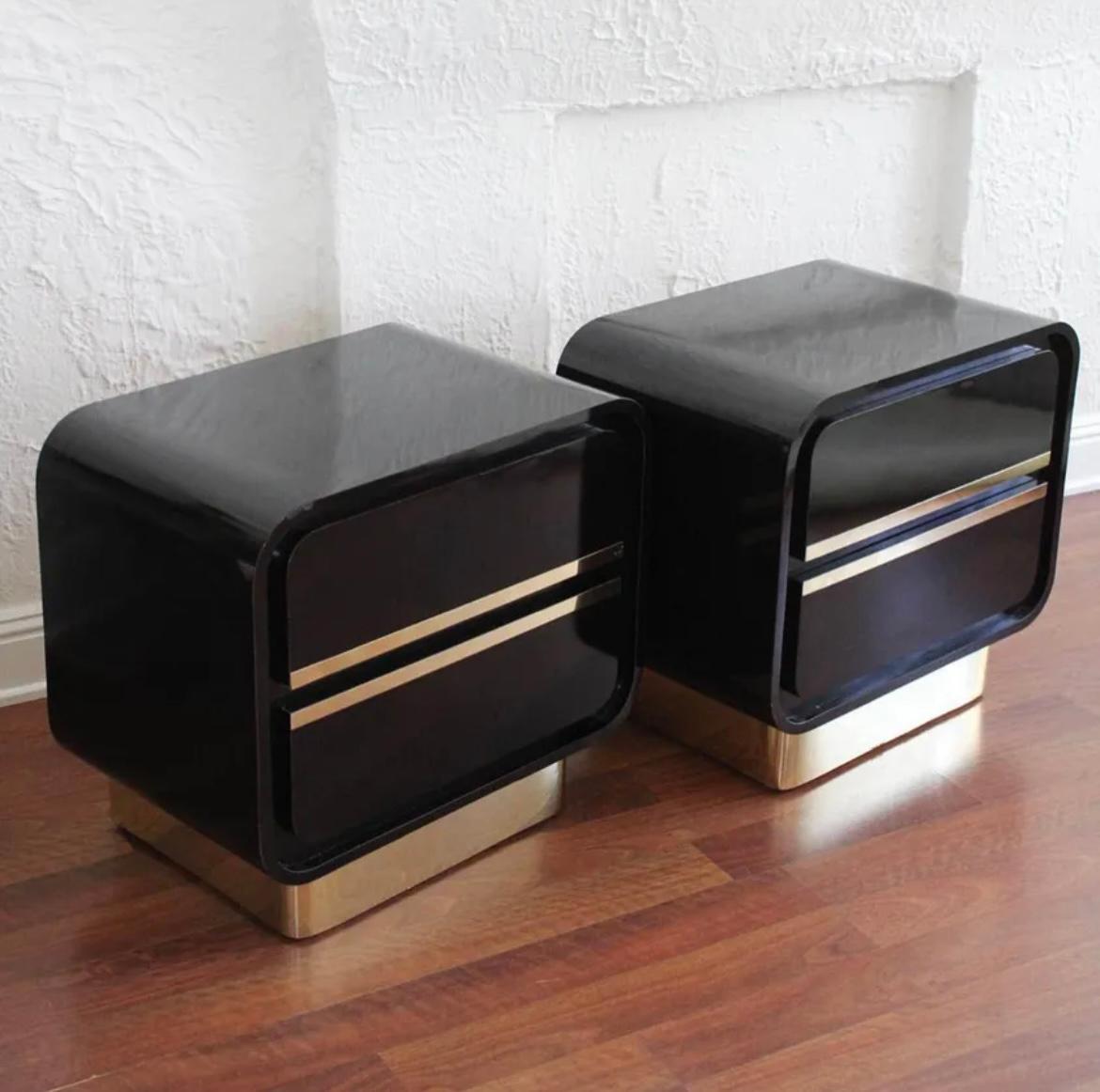 American Vintage Post Modern Black Lacquer & Brass Nightstands, Pair