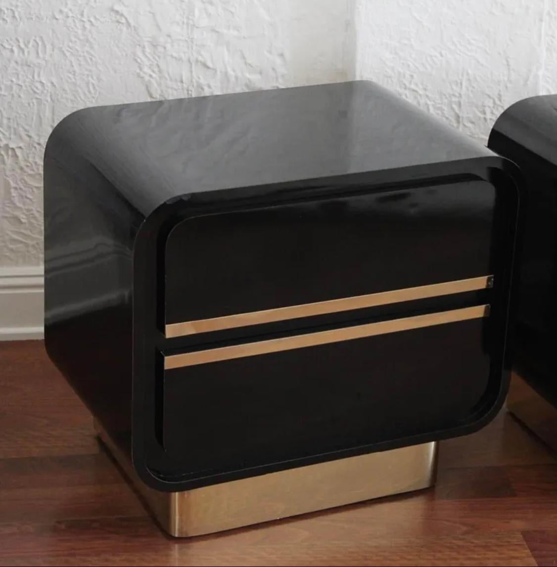 Mid-20th Century Vintage Post Modern Black Lacquer & Brass Nightstands, Pair