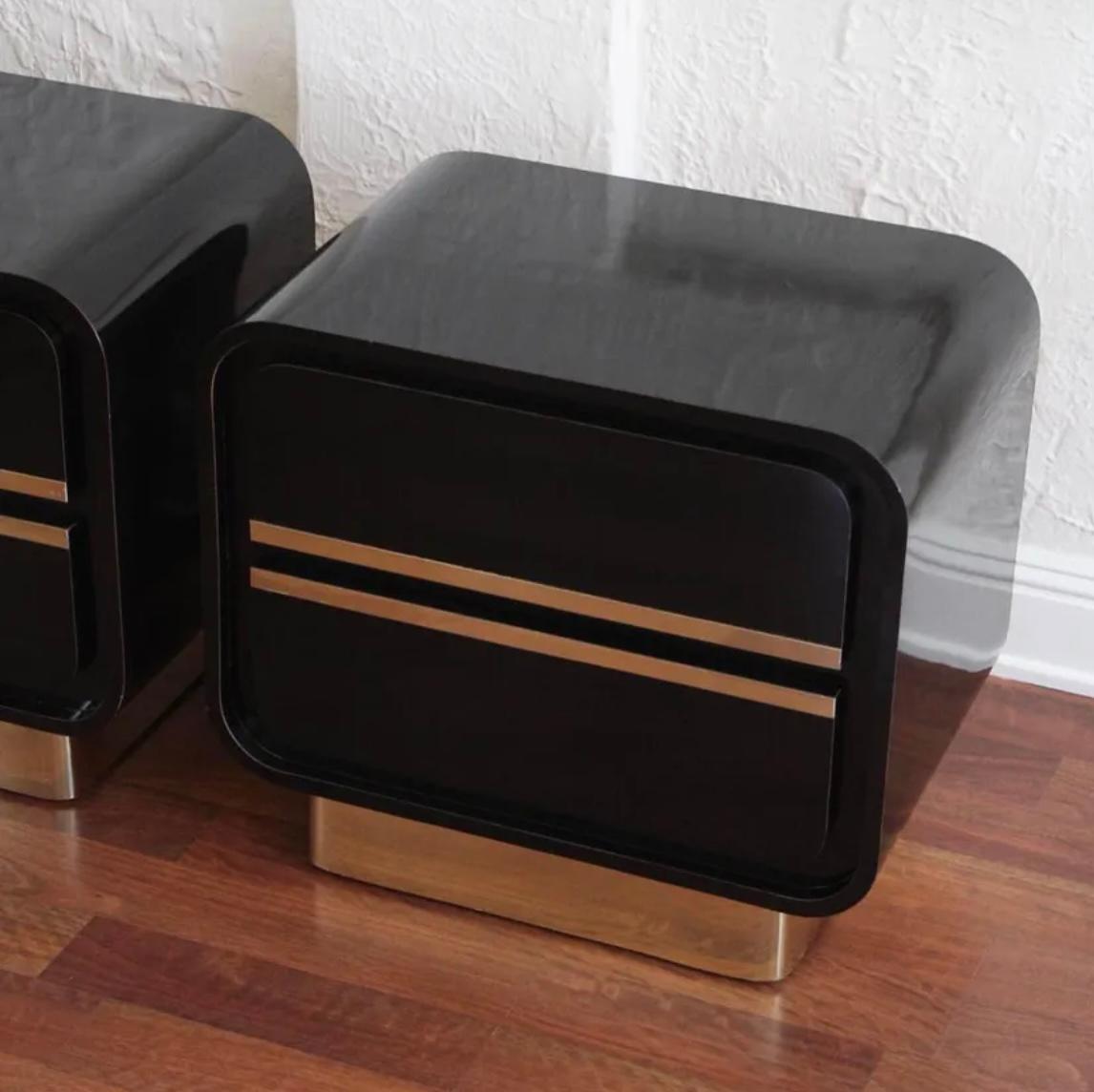 Laminate Vintage Post Modern Black Lacquer & Brass Nightstands, Pair