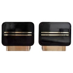 Vintage Post Modern Black Lacquer & Brass Nightstands, Pair