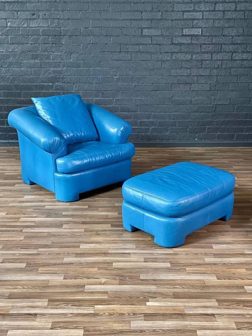 Condition: Original Vintage Condition  
Materials: Original Blue Leather

Dimensions: 
Chair:
32”H x 42.50”W x 42”D
Seat Height: 19