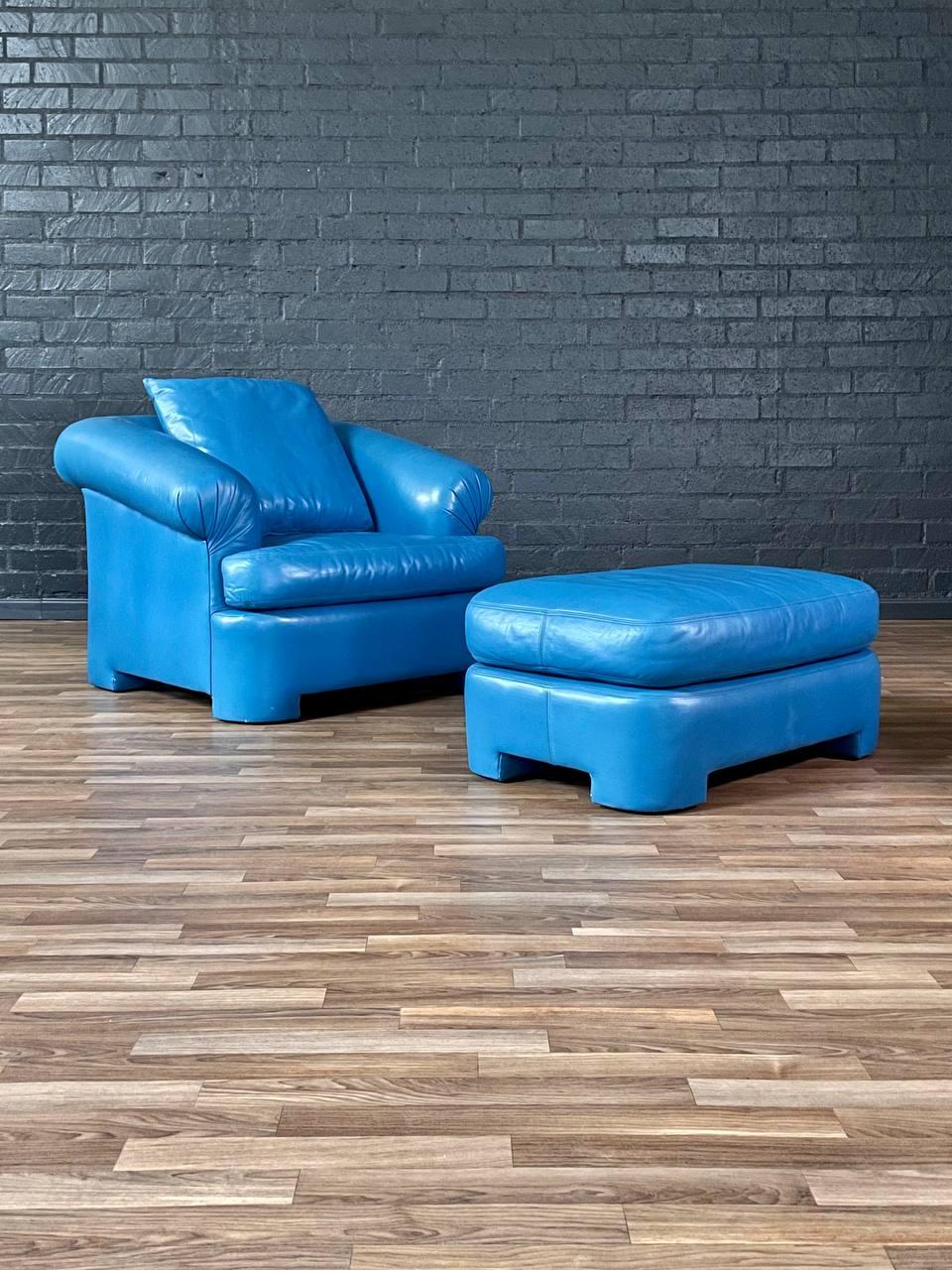 Post-Modern Vintage Post Modern Blue Leather Lounge Chair w/ Ottoman