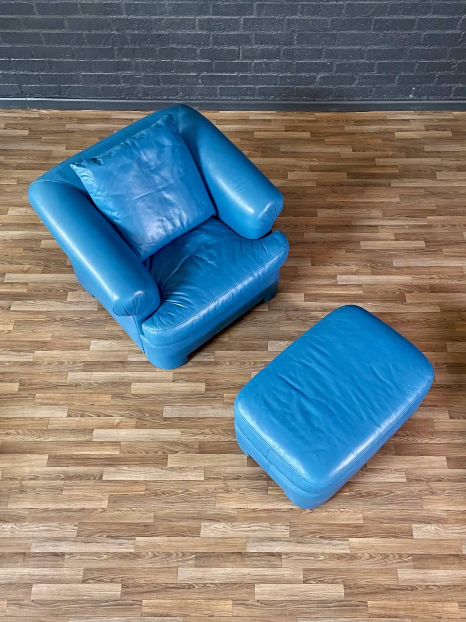 American Vintage Post Modern Blue Leather Lounge Chair w/ Ottoman