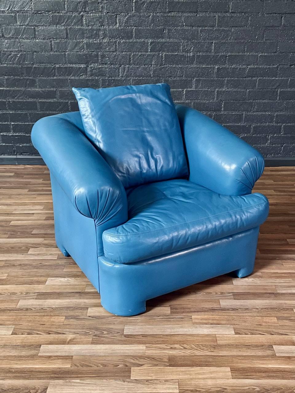 Late 20th Century Vintage Post Modern Blue Leather Lounge Chair w/ Ottoman