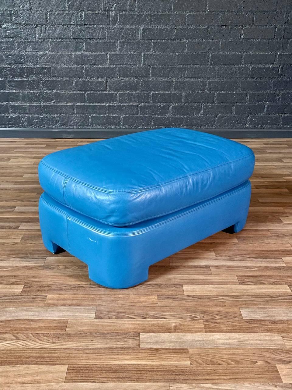 Vintage Post Modern Blue Leather Lounge Chair w/ Ottoman 2