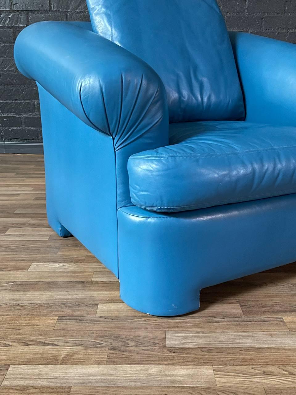 Vintage Post Modern Blue Leather Lounge Chair w/ Ottoman 3