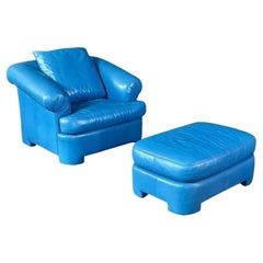 Chaise longue Vintage Post Modernity en cuir bleu avec ottoman