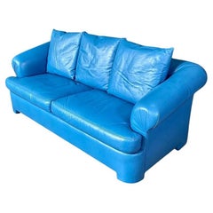 Vintage Post Modern Blue Leather Sofa
