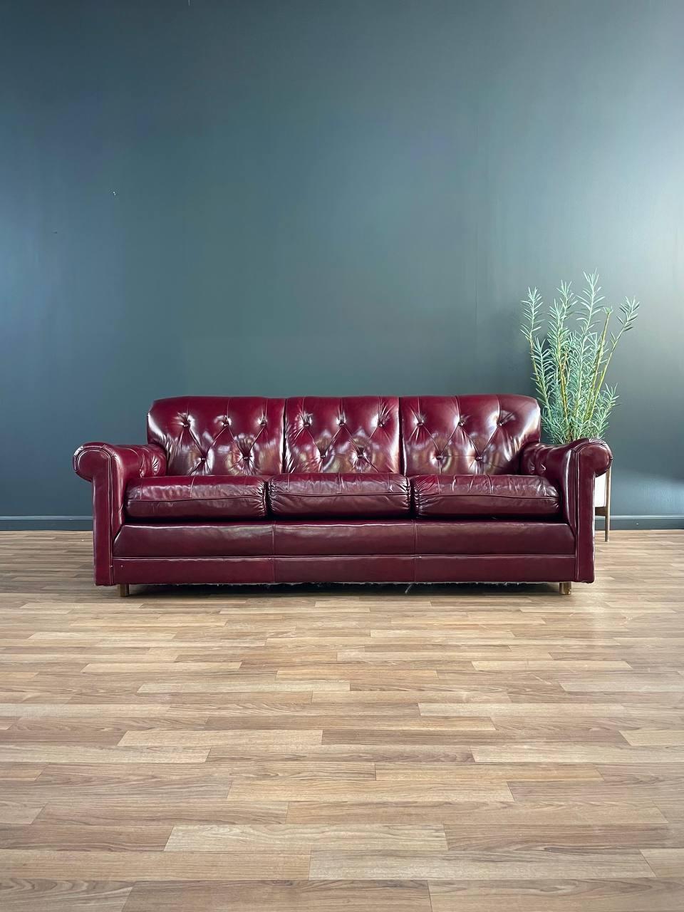 American Vintage Post Modern Burgundy Leather Tufted Sofa