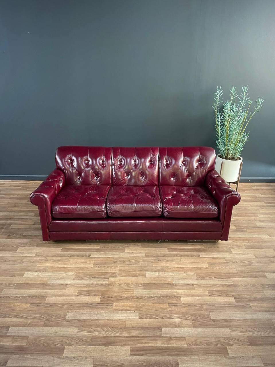 Vintage Post Modern Burgundy Leather Tufted Sofa In Good Condition In Los Angeles, CA