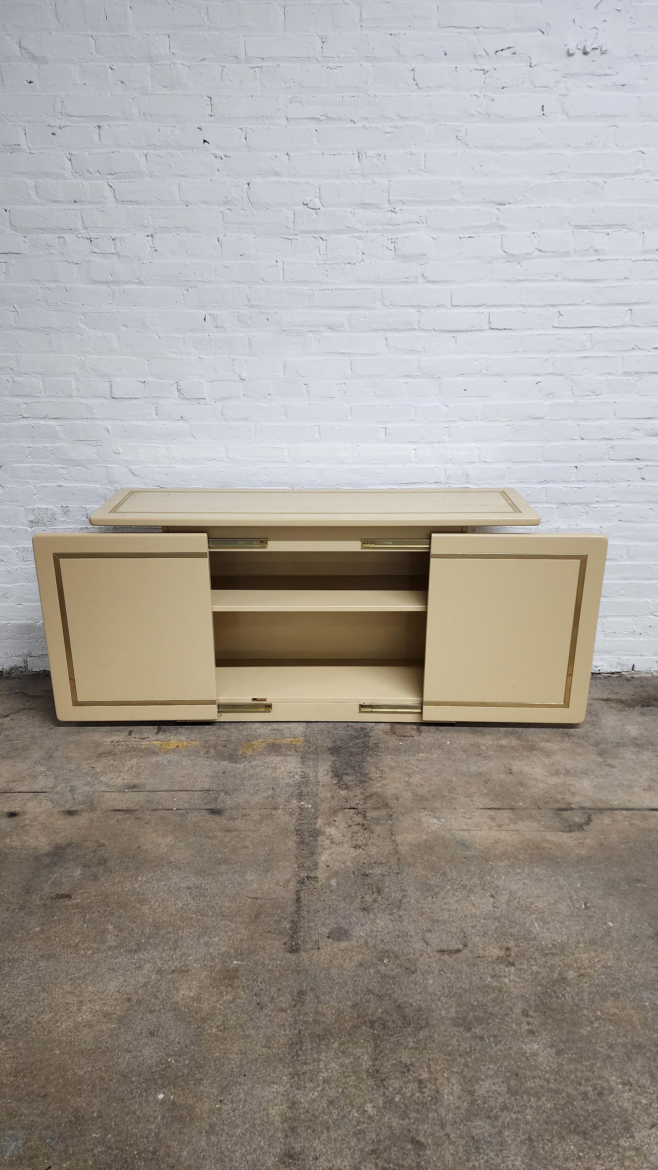 Vintage Post Modern Cream Lacquer and Brass Credenza by Rougier 3