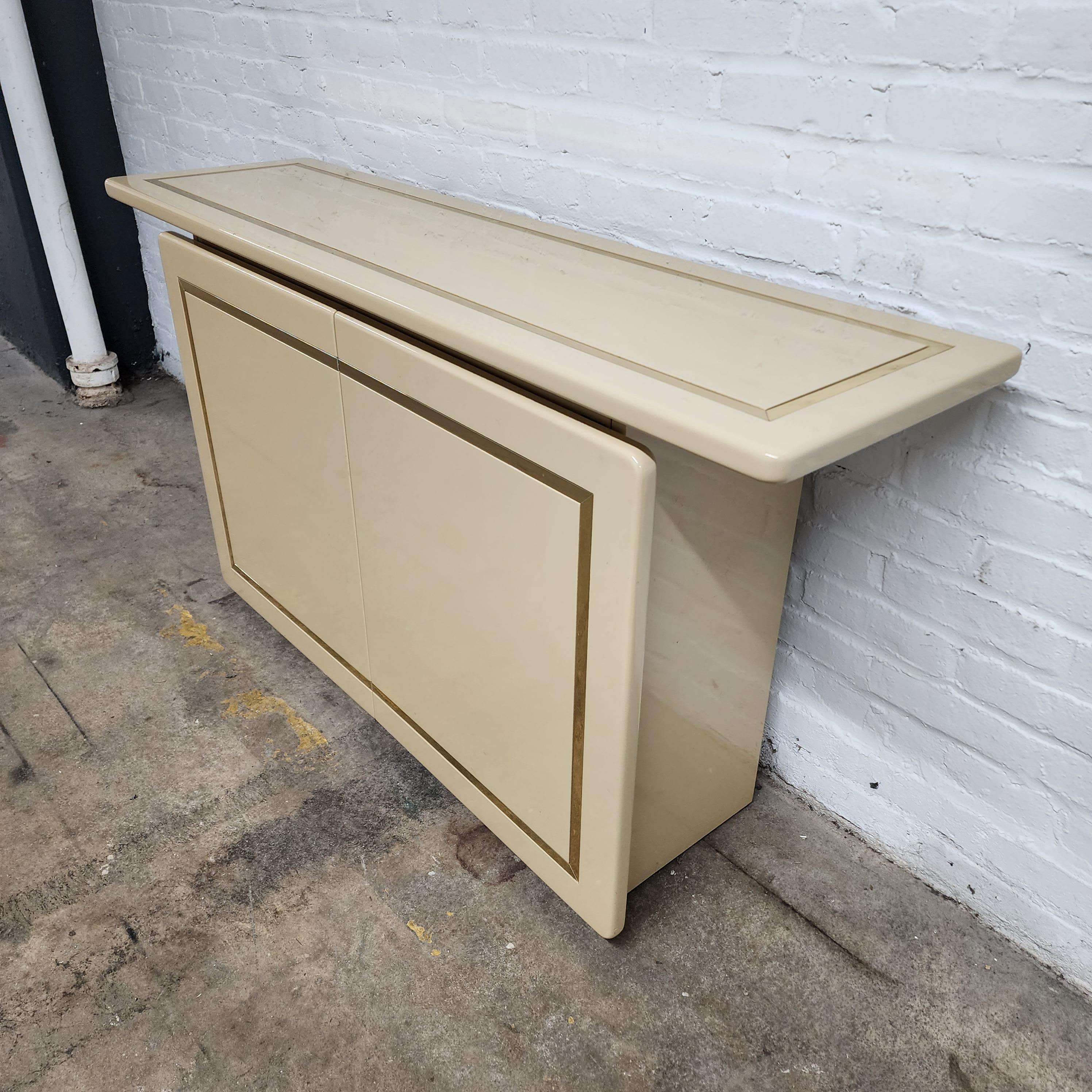 Post-Modern Vintage Post Modern Cream Lacquer and Brass Credenza by Rougier